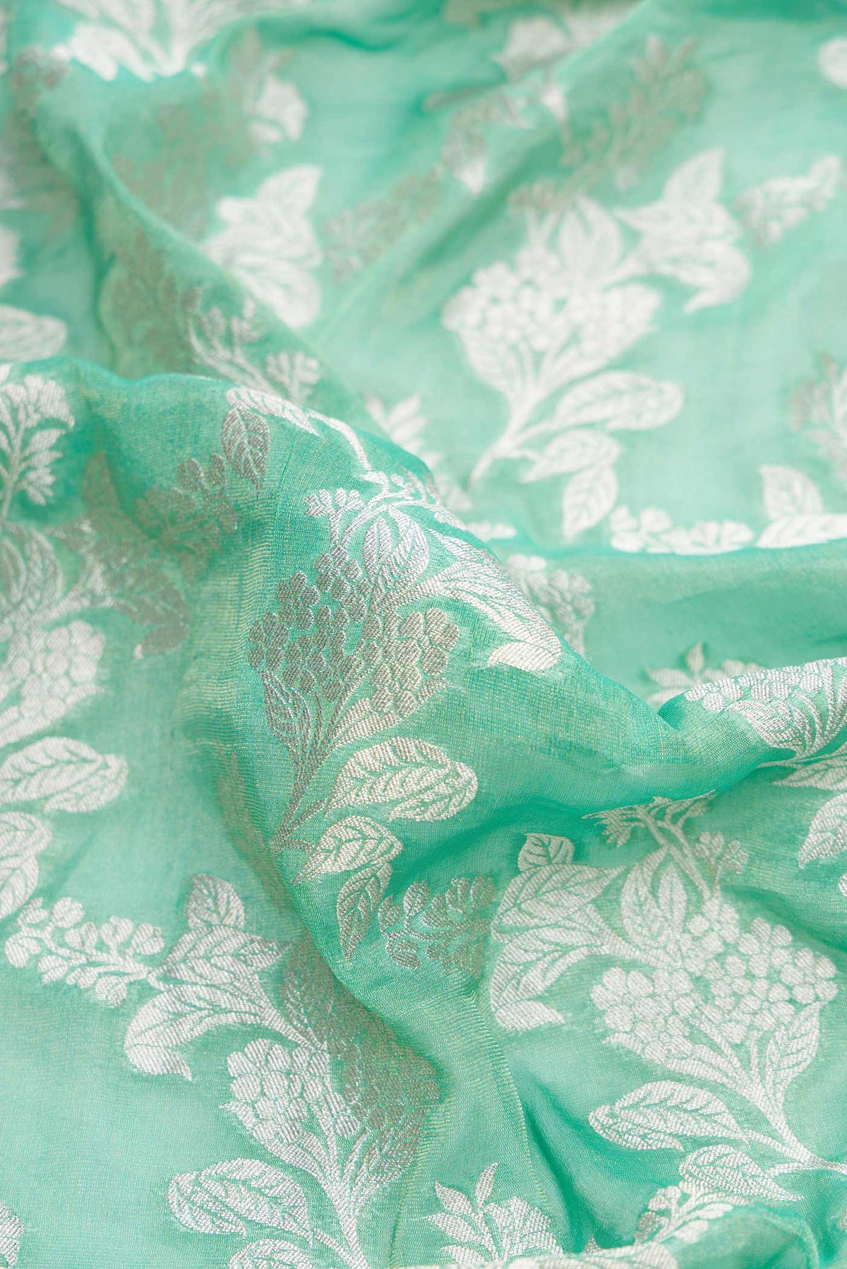 Close up of Green Dual Tone Banarasi Georgette Saree with Zari Brocade on the body and Zari Border.  displaying folds