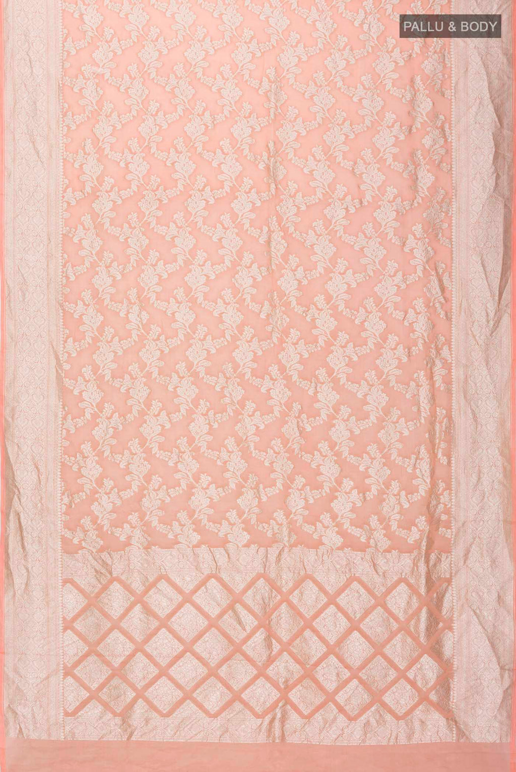 Flat view of Peach Banarasi Georgette Saree with Zari Butta on the body and Zari Border