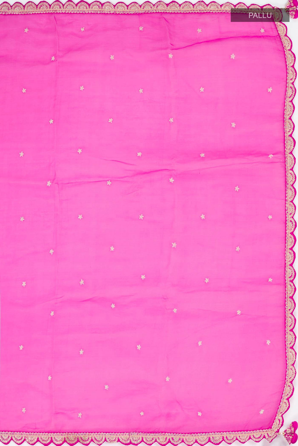 Close up image of the pallu of Pink Organza Silk Saree with Embroidery on the body and Embroidery Border
