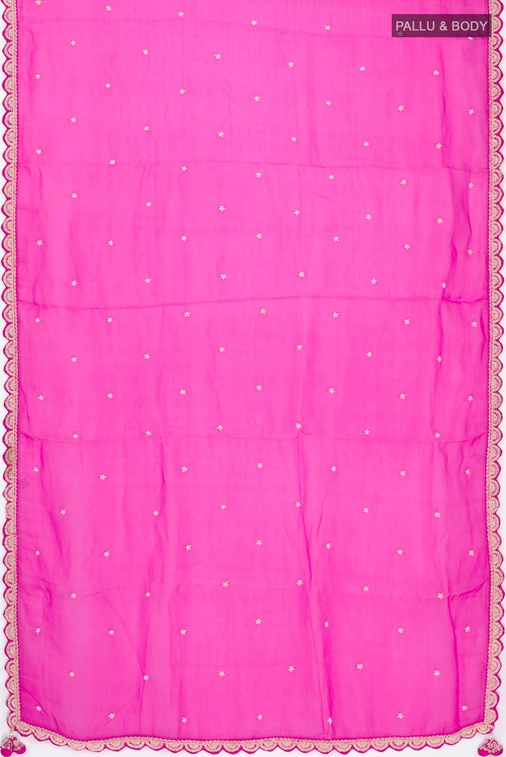 Flat view of Pink Organza Silk Saree with Embroidery on the body and Embroidery Border