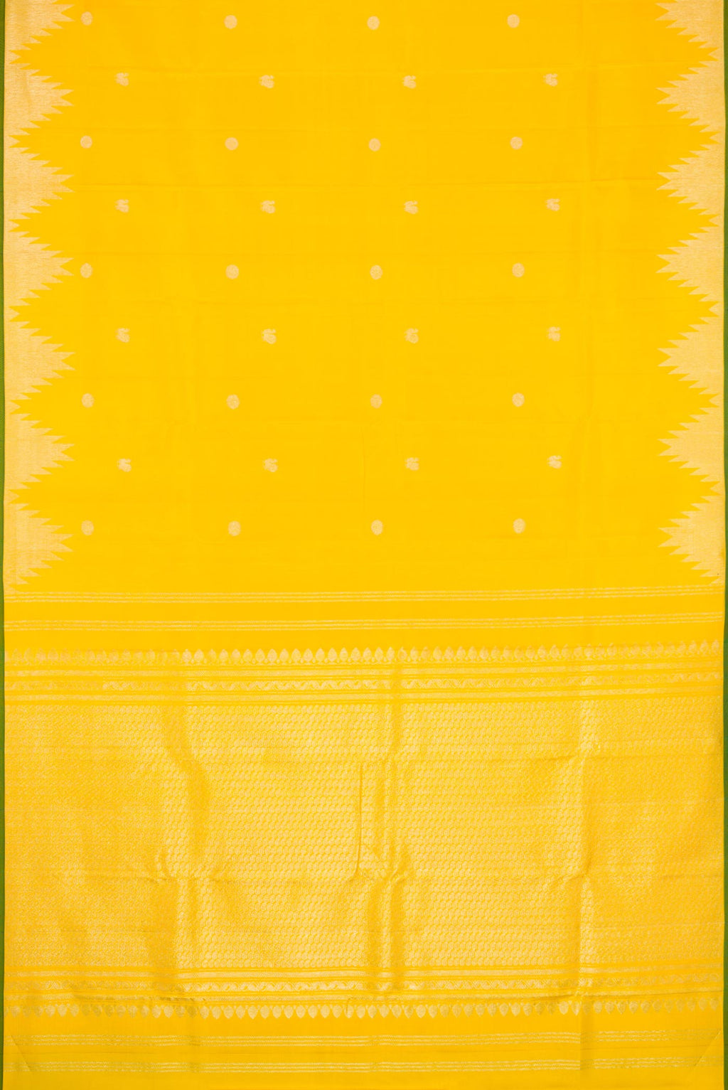 Flat view of Yellow Dual Tone Kanchipuram Silk Saree with Zari Butta on the body and Temple Border