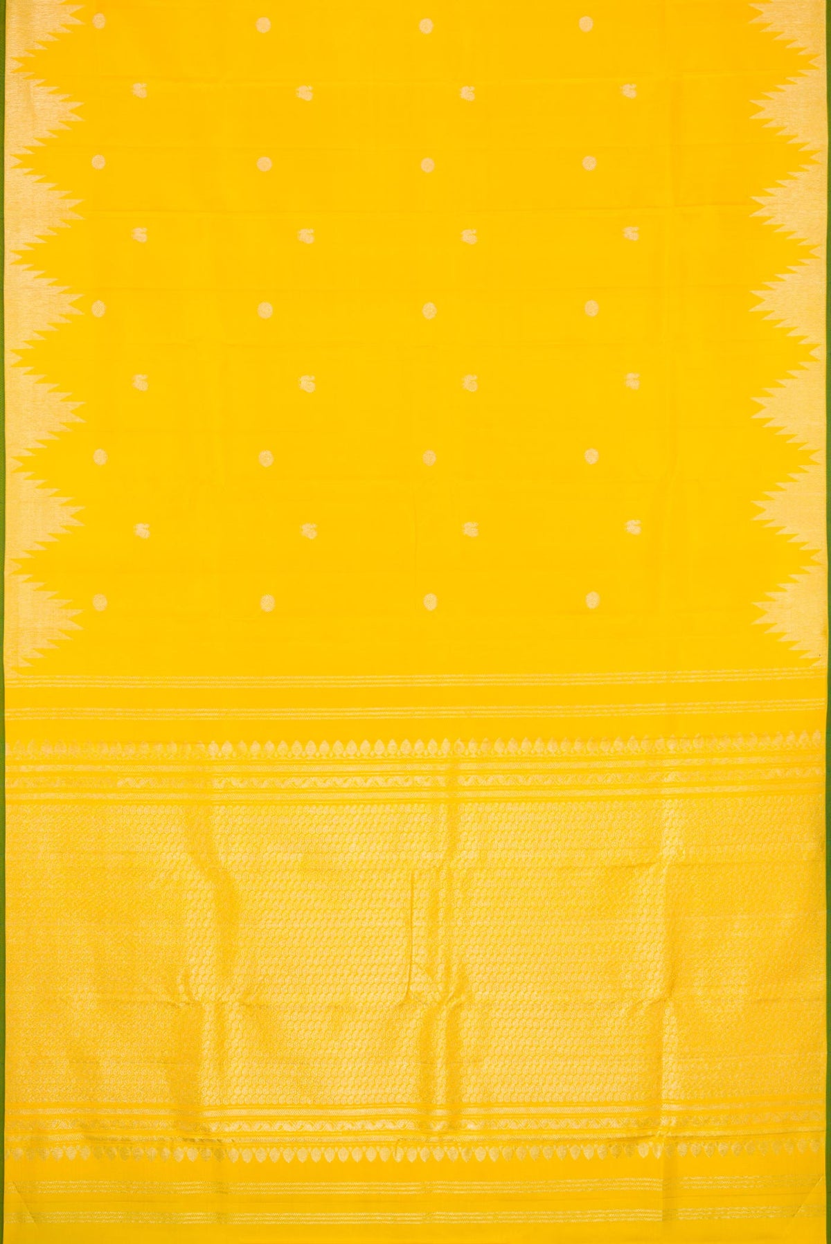 Flat view of Yellow Dual Tone Kanchipuram Silk Saree with Zari Butta on the body and Temple Border