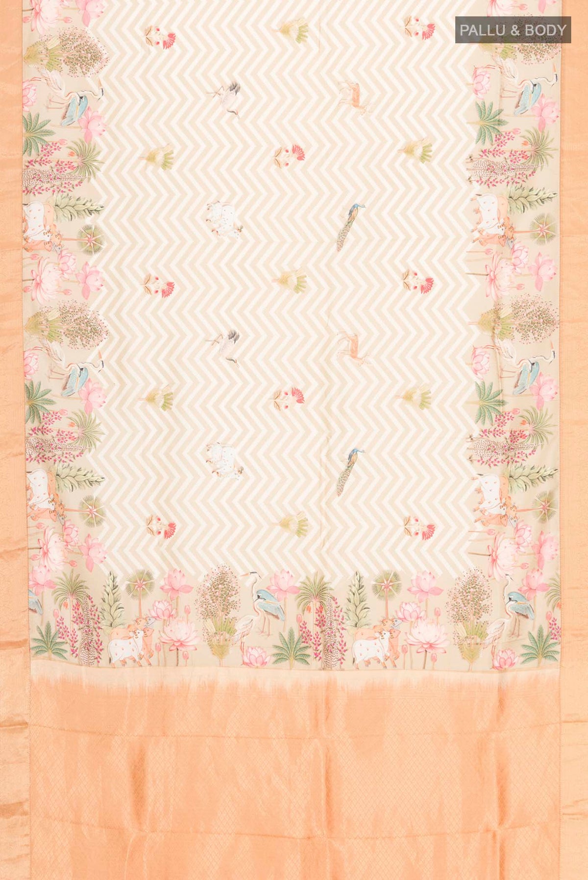 Flat view of Beige Printed Silk Saree with Printed design on the body and Zari Border
