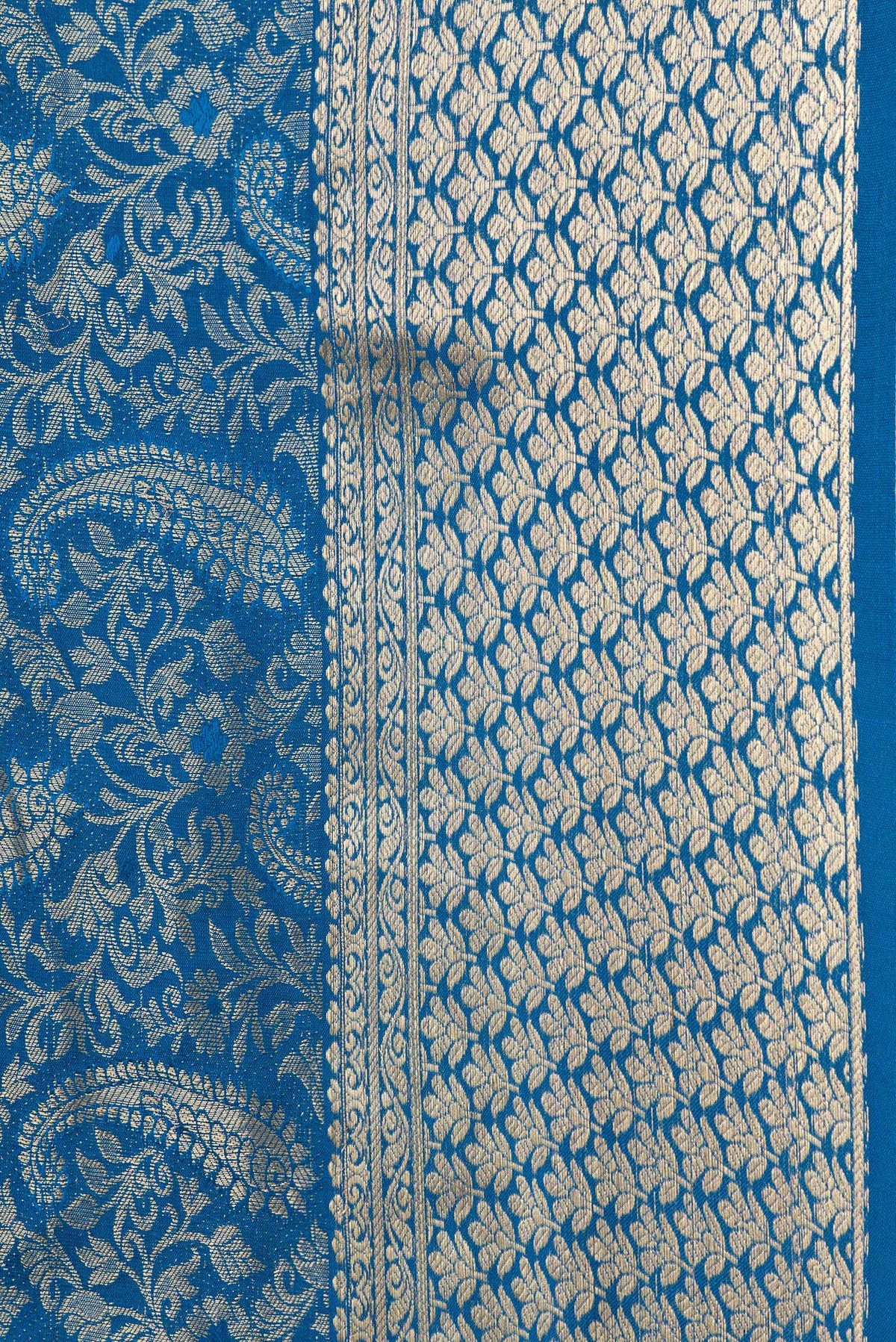 Border image of Peacock Blue Dual Tone Mysore Silk Saree with Zari Brocade on the body and Zari Border. 
