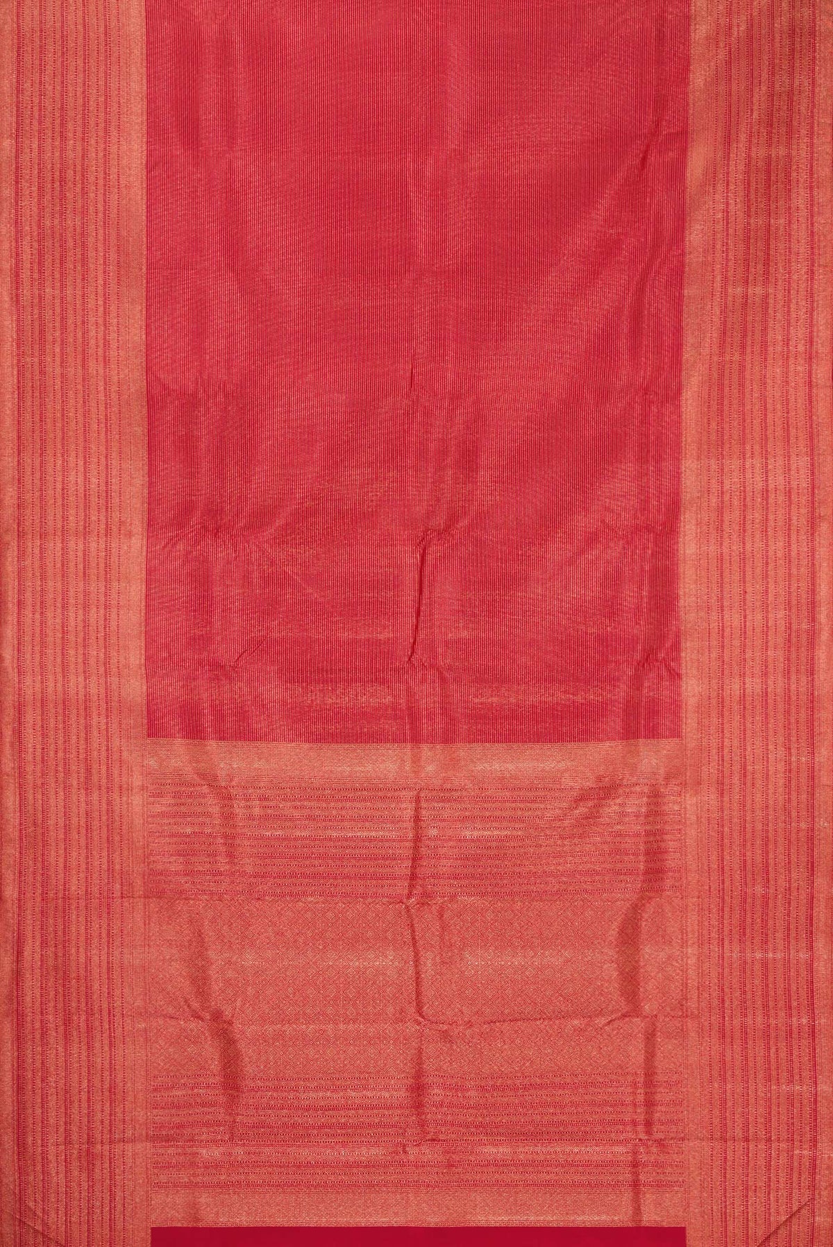Flat view of Red Dual Tone Kanjivaram Silk Saree with Zari Brocade on the body and Zari Border. 