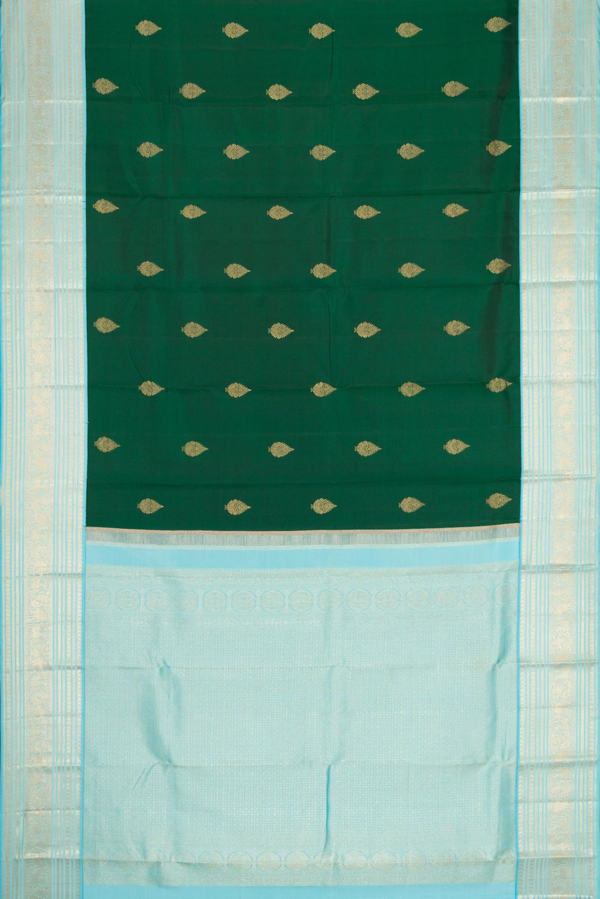 Flat view of Green Dual Tone Kanchipuram Silk Saree with Zari Butta on the body and Zari Border