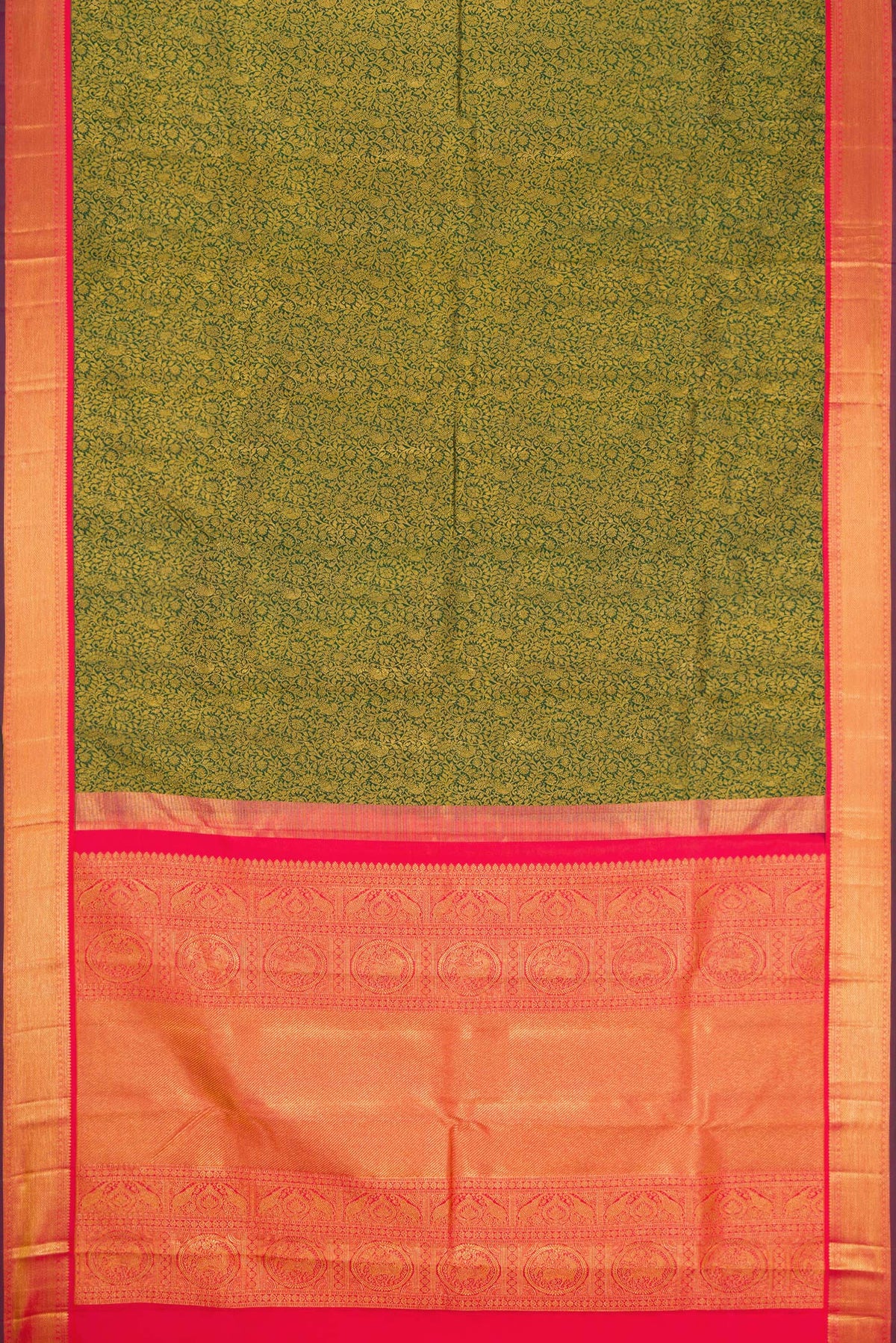 Flat view of Bottle Green Dual Tone Kanjivaram Silk Saree with Zari Brocade on the body and Zari Border. 