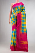 Green and Yellow Color Kanchipuram Silk Saree with Checked design on the body and Thread Border displayed on a mannequin