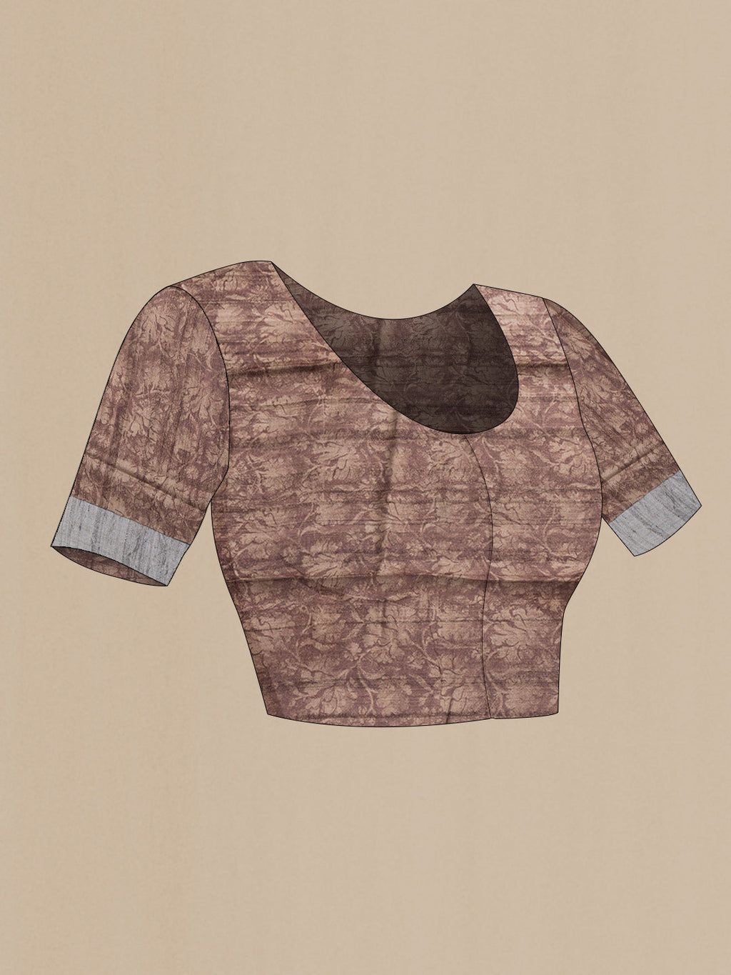 Close up image of the blouse of Brown Dual Tone Tussar Silk Saree with Printed design on the body and Zari Border. 
