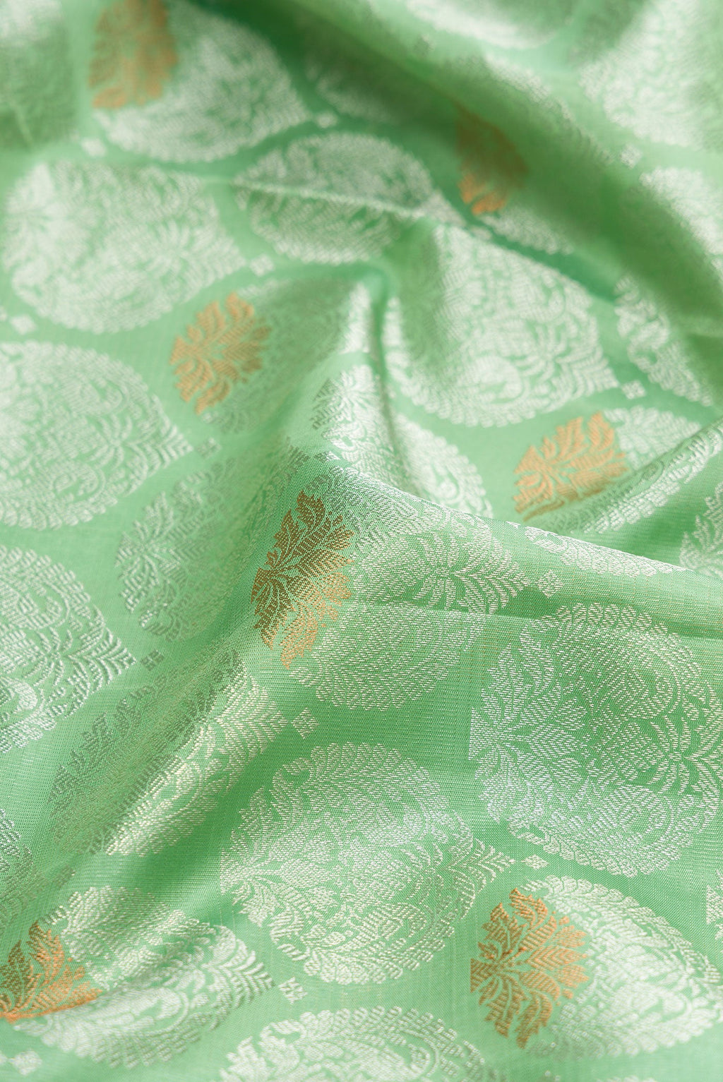 Close up of Light Green Dual Tone Kanchipuram Silk Saree with Zari Brocade on the body and Zari Border.  displaying folds