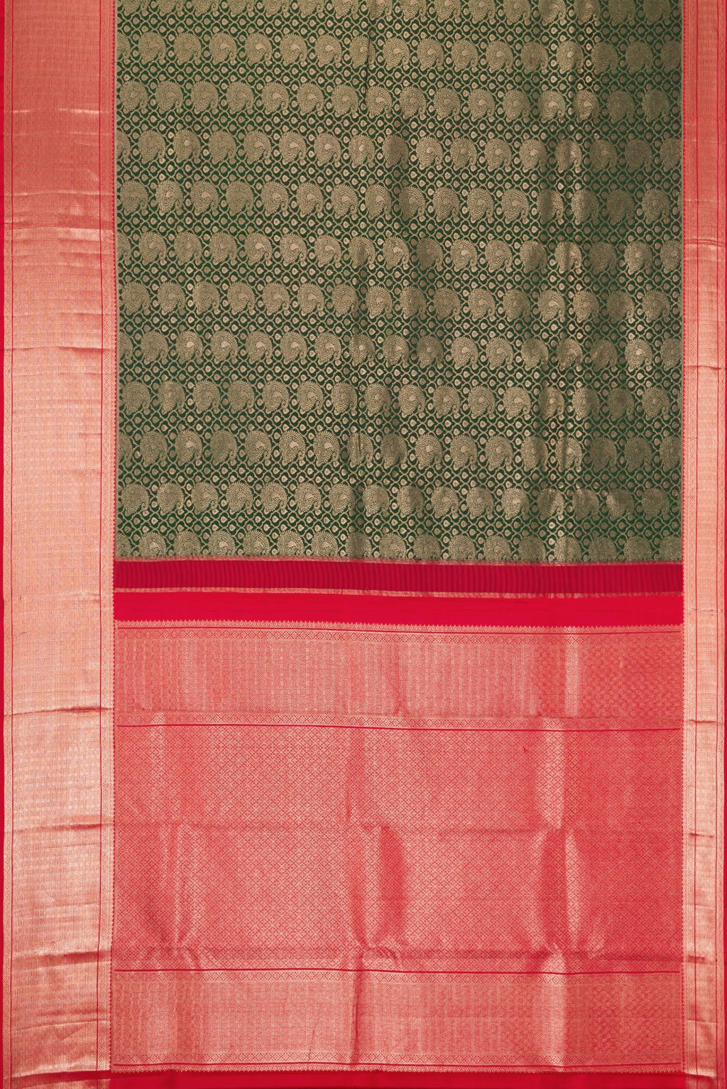 Flat view of Bottle Green Dual Tone Kanchipuram Silk Saree with Zari Brocade on the body and Zari Border. 