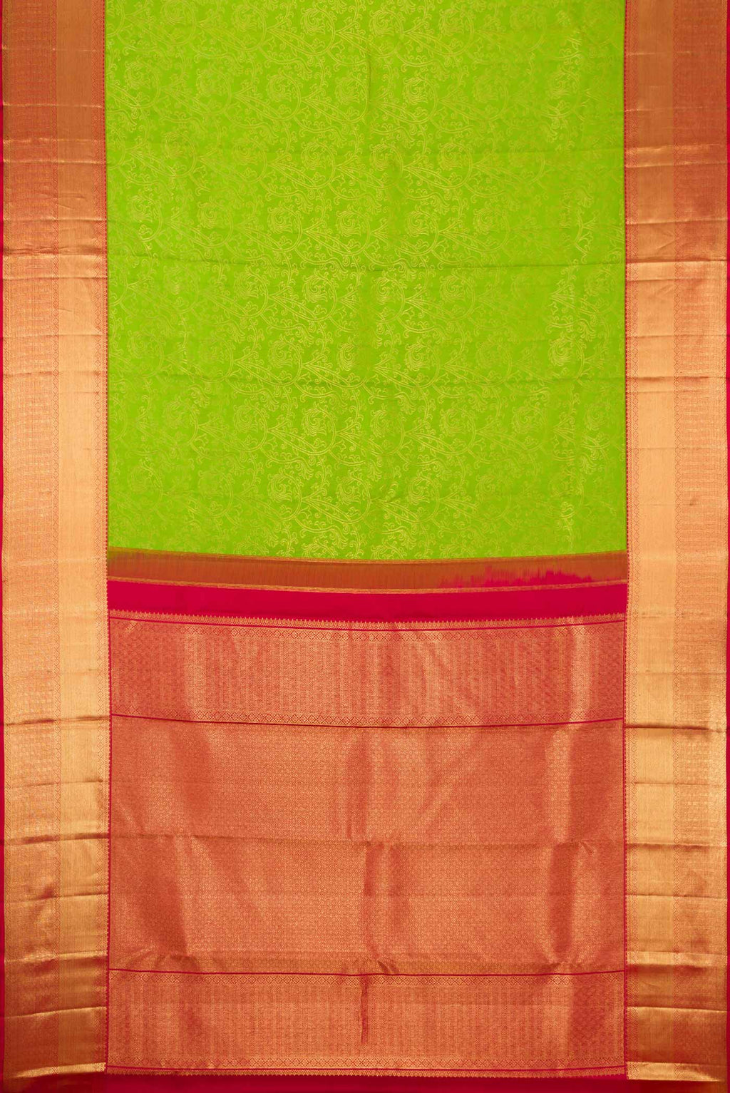 Flat view of Parrot Green Dual Tone Kanchipuram Silk Saree with Zari Brocade on the body and Zari Border. 