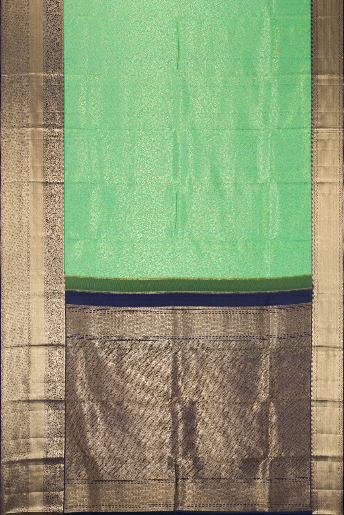 Flat view of Sea Green Dual Tone Kanchipuram Silk Saree with Zari Brocade on the body and Zari Border. 