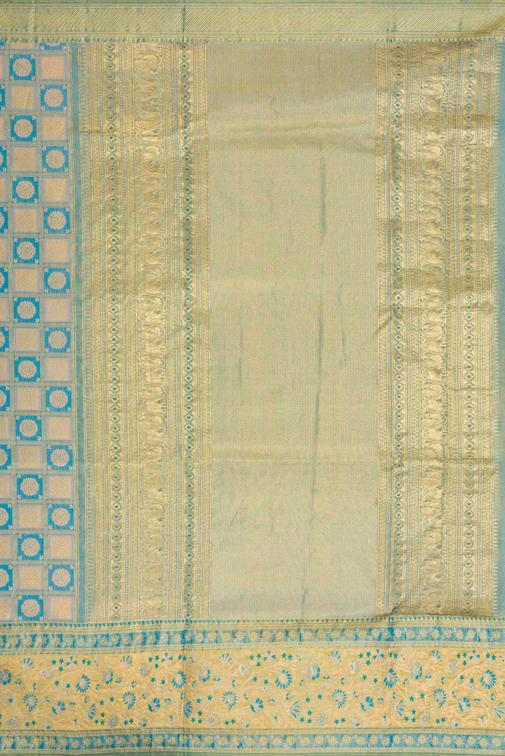 Close up image of the pallu of Peacock Blue Dual Tone Kanchipuram Tissue Silk Saree with Zari Brocade on the body and Fancy Border