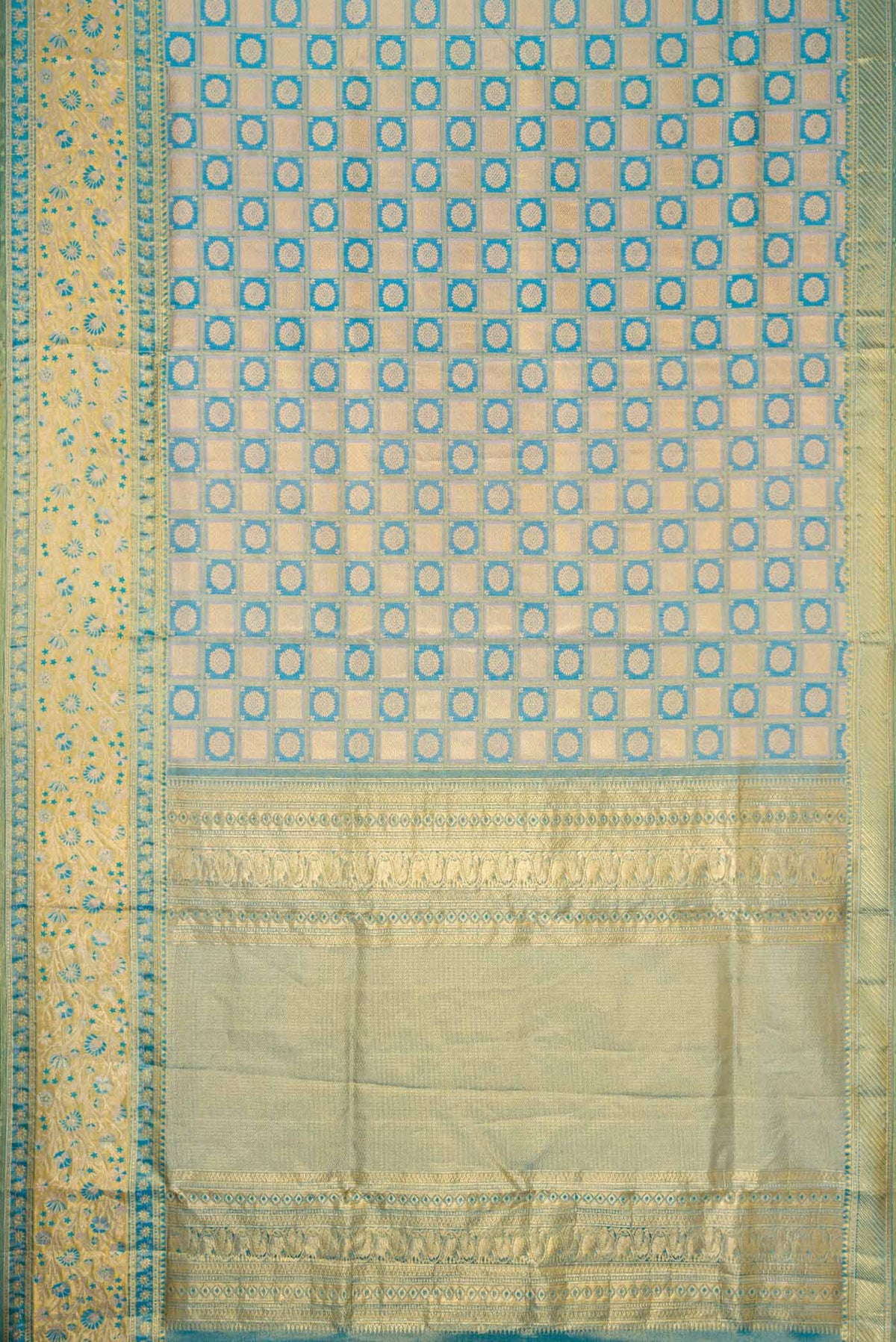 Flat view of Peacock Blue Dual Tone Kanchipuram Tissue Silk Saree with Zari Brocade on the body and Fancy Border
