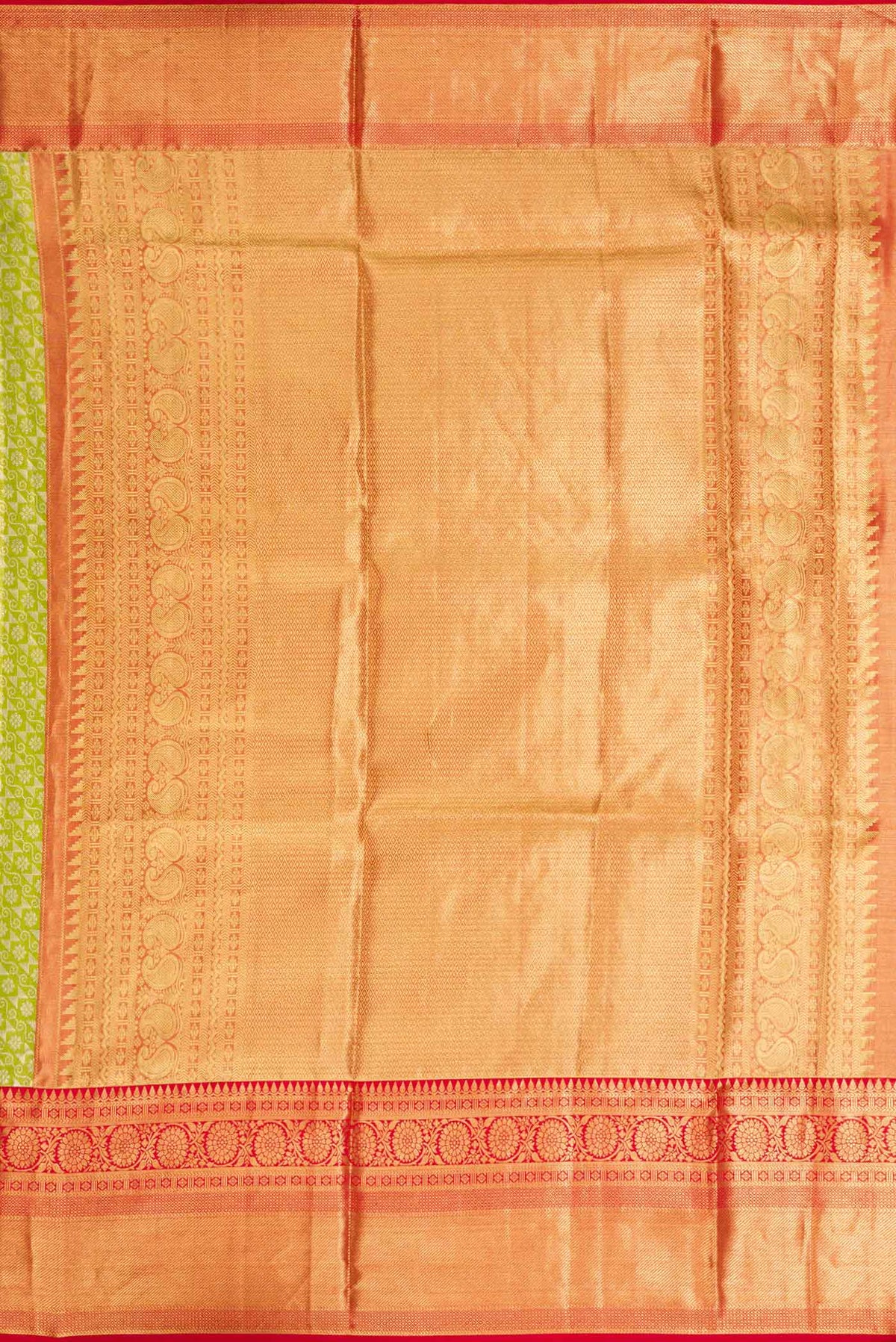 Close up image of the pallu of Green Dual Tone Kanchipuram Tissue Silk Saree with Zari Brocade on the body and Zari Border