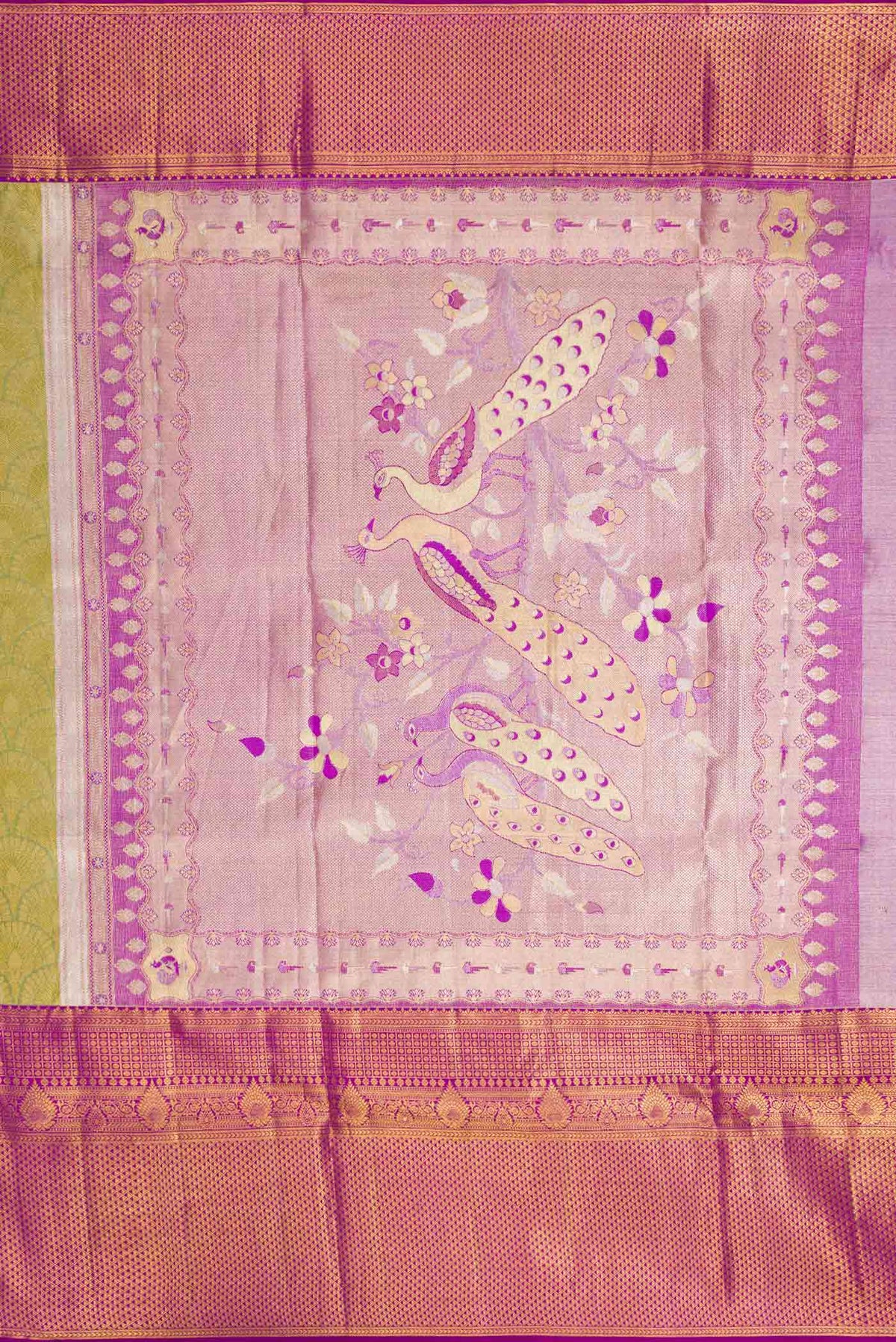 Close up image of the pallu of Green Dual Tone Kanchipuram Tissue Silk Saree with Zari Brocade on the body and Zari Border