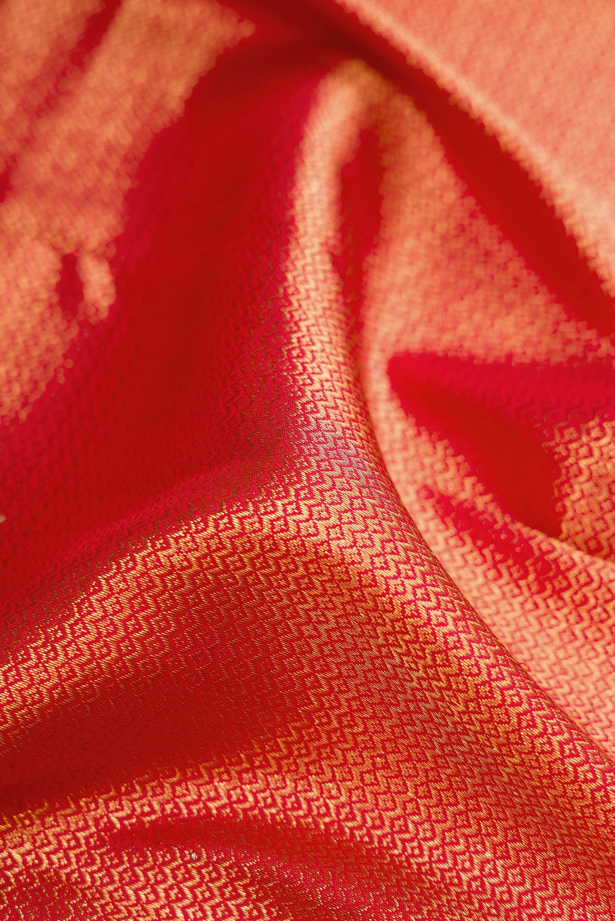 Close up of Red Kanchipuram Silk Saree with Zari Brocade on the body and Zari Border.  displaying folds