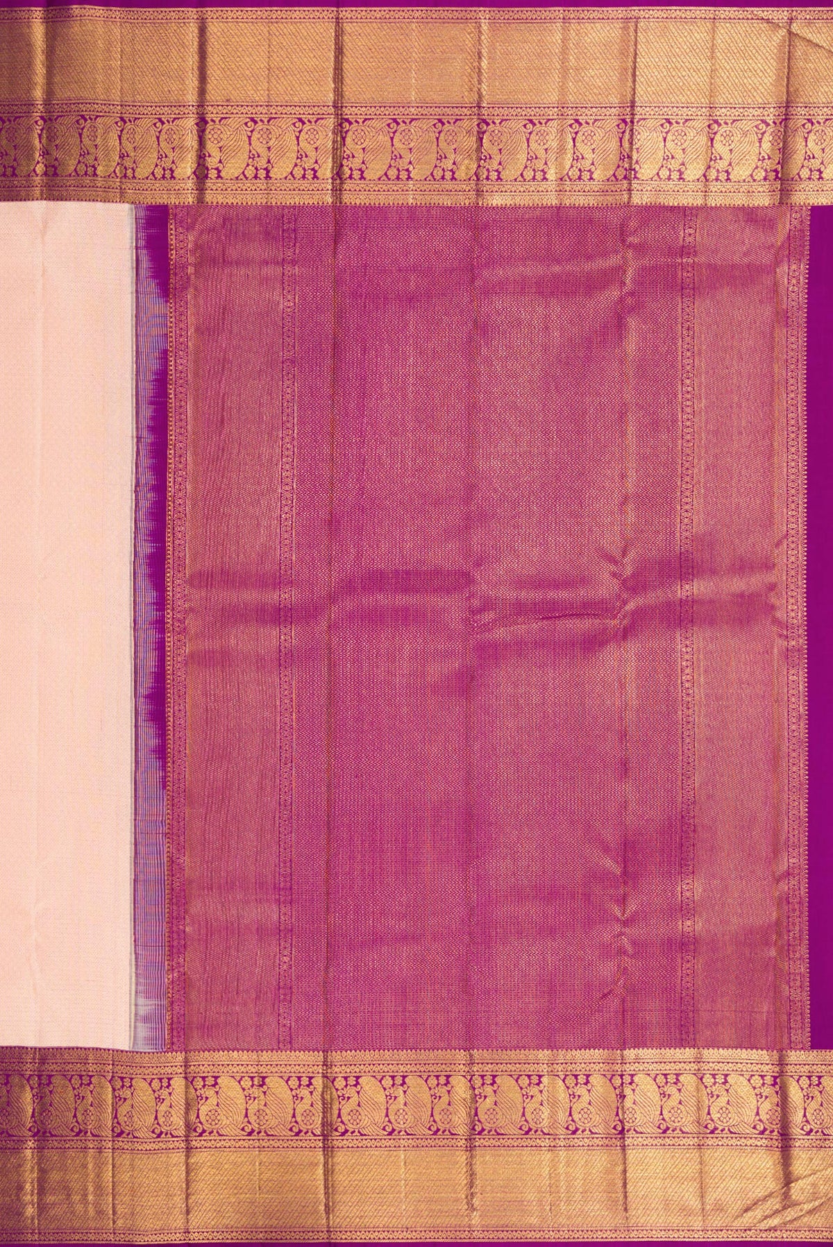 Close up image of the pallu of Golden Peach Dual Tone Kanchipuram Silk Saree with Zari Brocade on the body and Zari Border. 