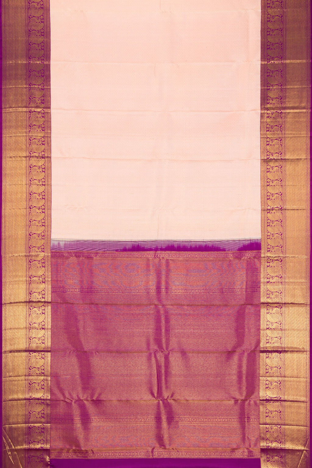 Flat view of Golden Peach Dual Tone Kanchipuram Silk Saree with Zari Brocade on the body and Zari Border. 