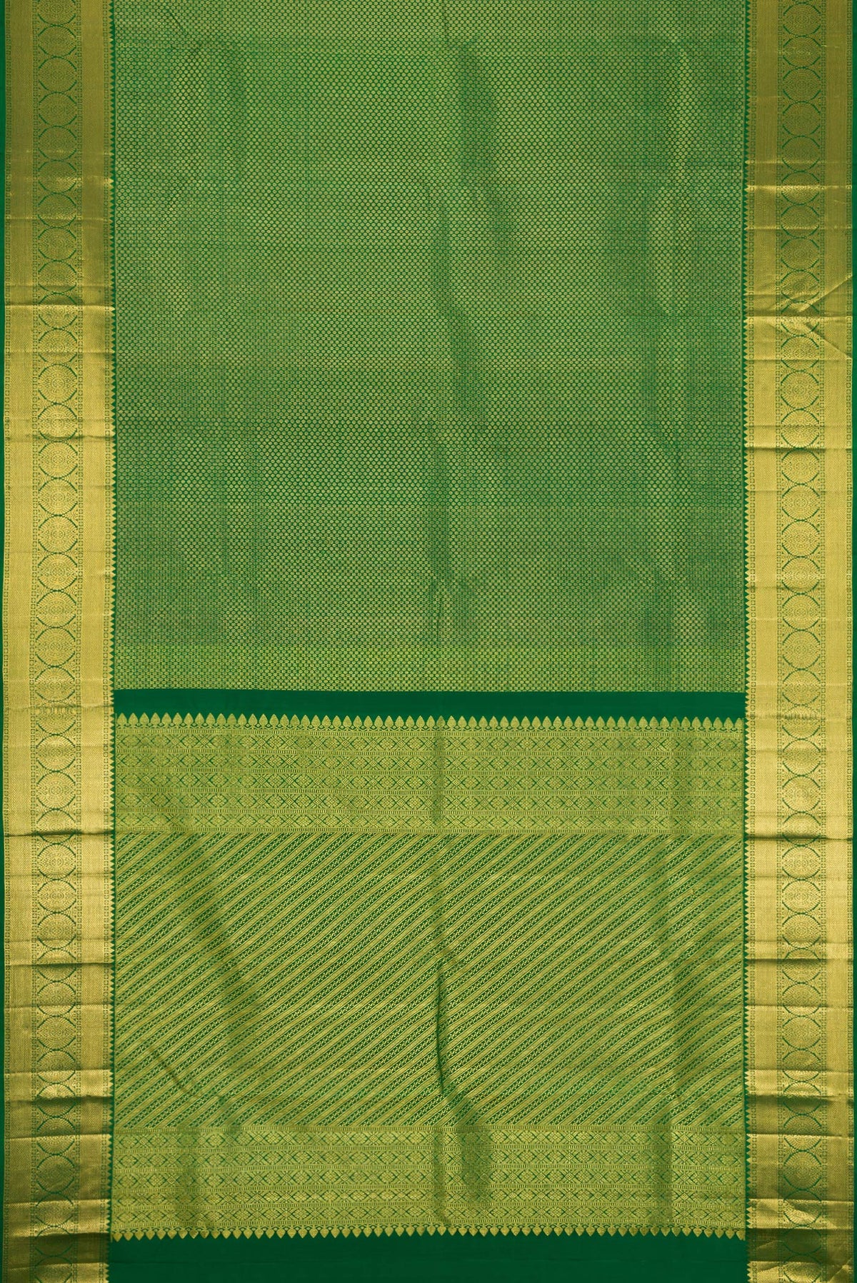 Flat view of Green Dual Tone Kanchipuram Silk Saree with Zari Brocade on the body and Zari Border. 