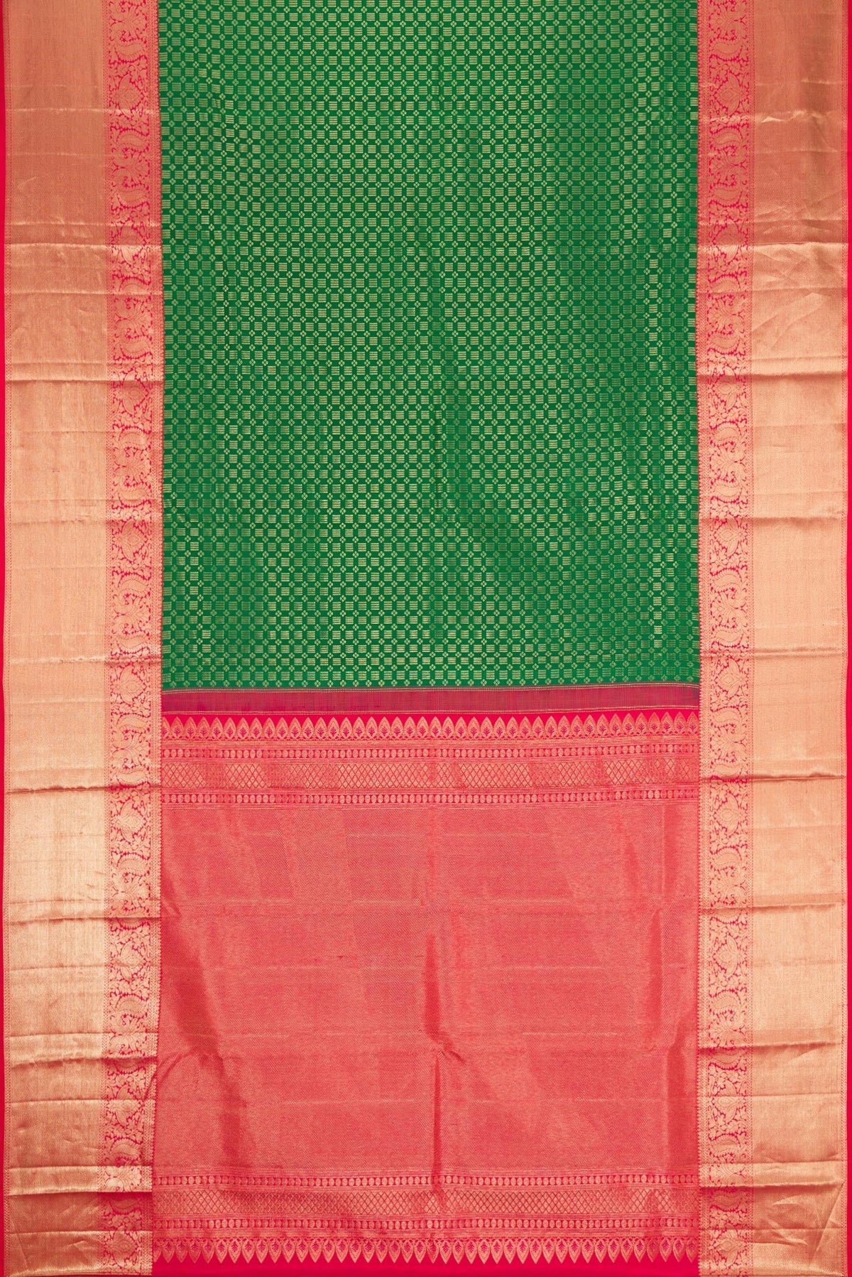 Flat view of Green Dual Tone Kanjivaram Silk Saree with Zari Brocade on the body and Zari Border. 