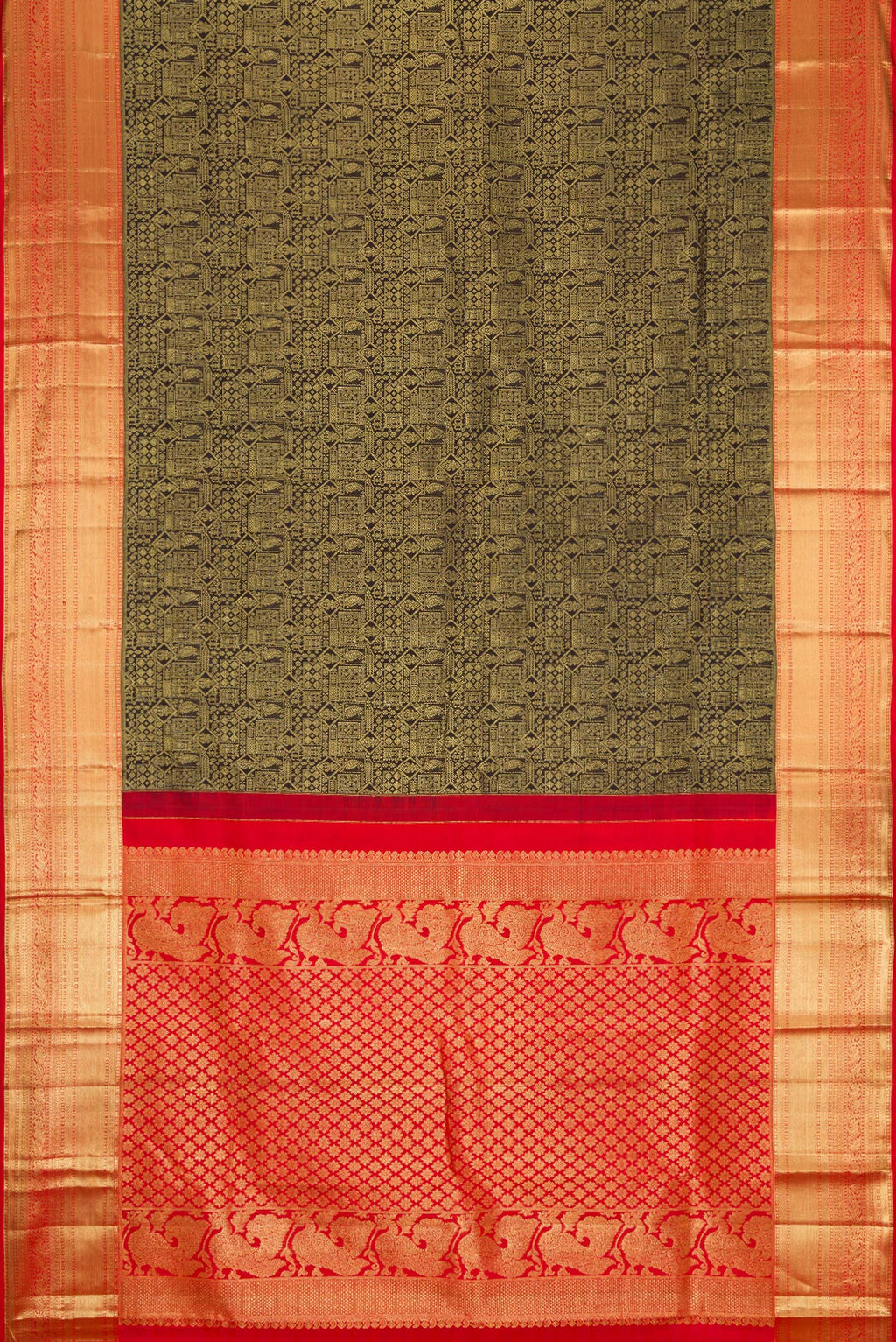 Flat view of Black Kanjivaram Silk Saree with Zari Brocade on the body and Zari Border. 