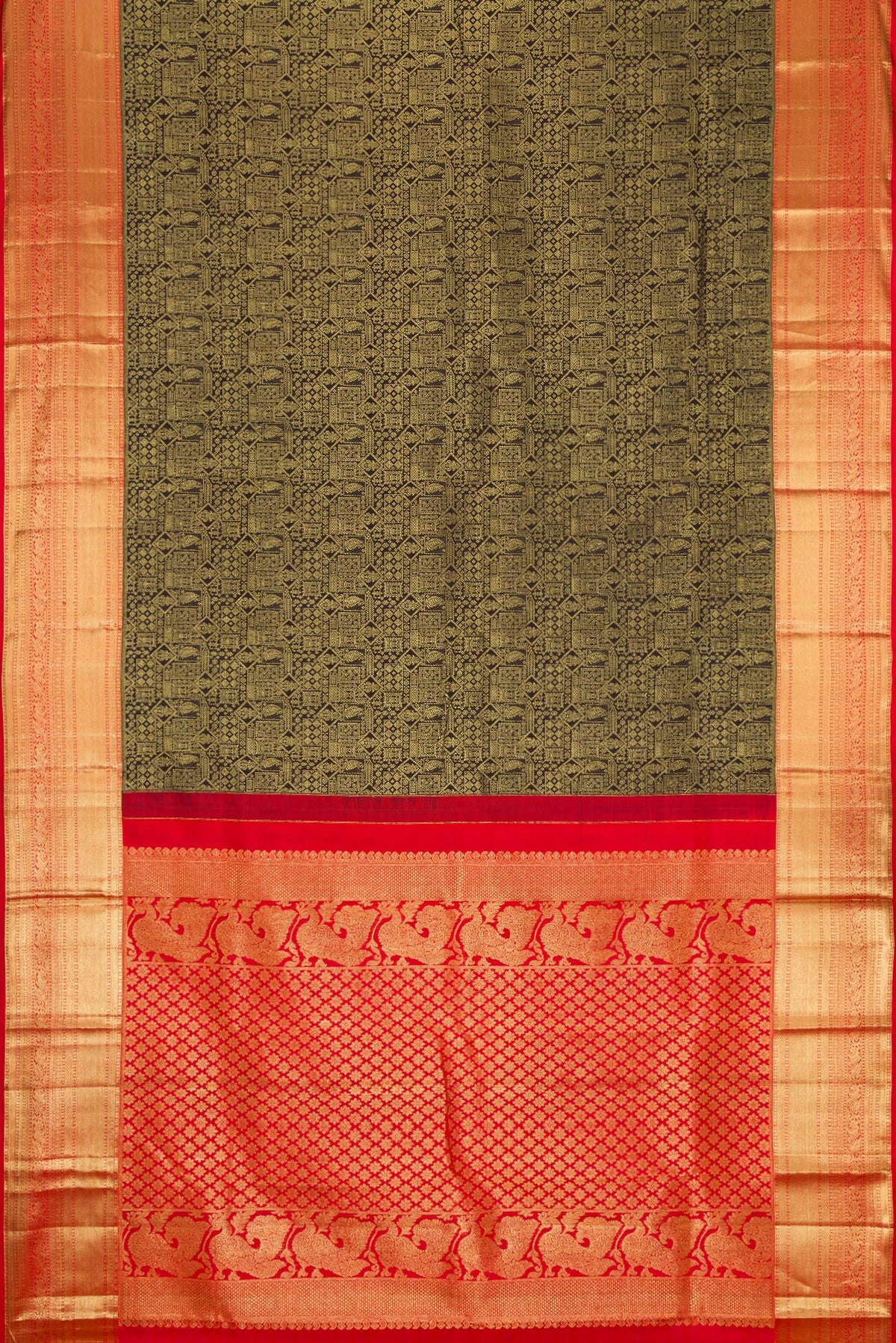 Flat view of Black Kanjivaram Silk Saree with Zari Brocade on the body and Zari Border. 
