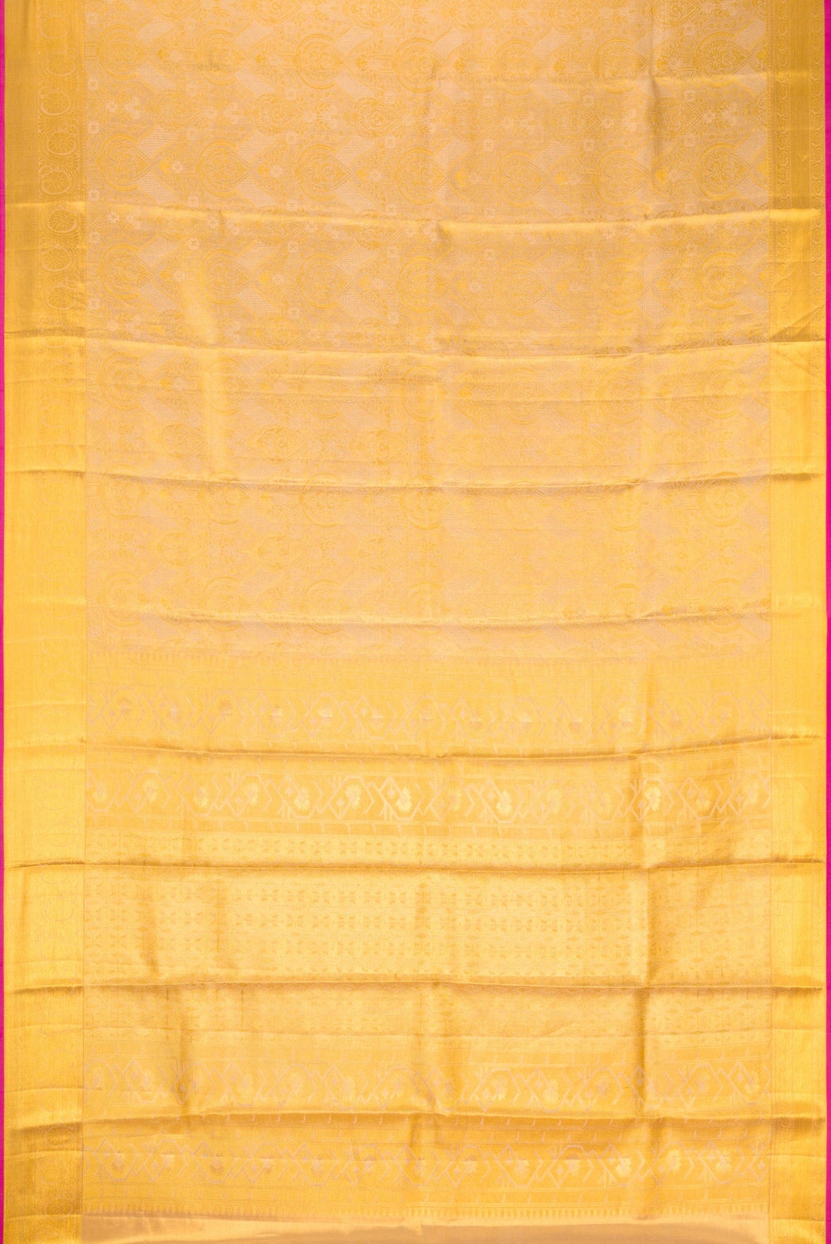 Flat view of Gold Dual Tone Kanchipuram Tissue Silk Saree with Zari Brocade on the body and Zari Border. 