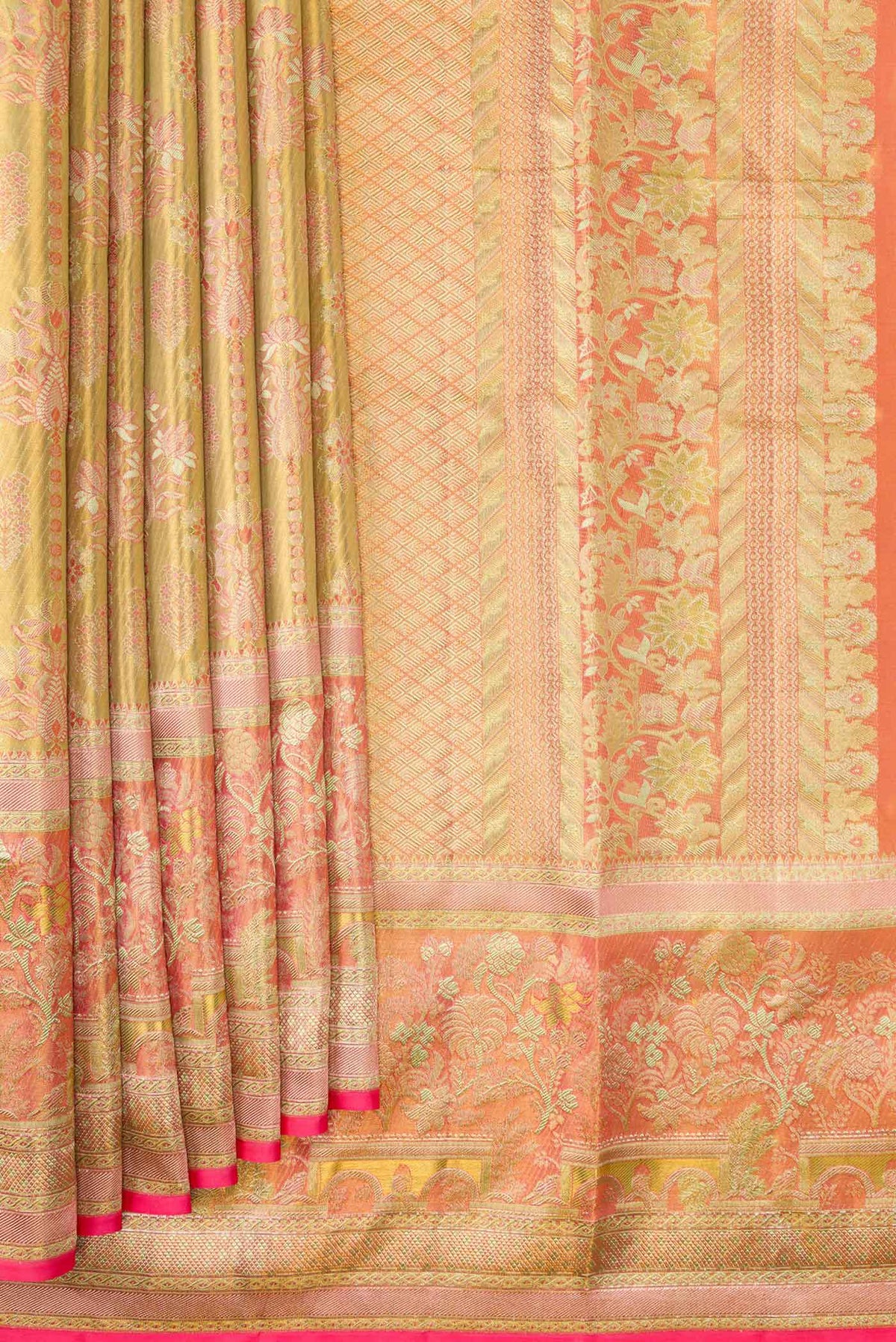 Pleats and pallu of Gold Dual Tone Kanjivaram Tissue Silk Saree with Zari Brocade on the body and Zari Border. 