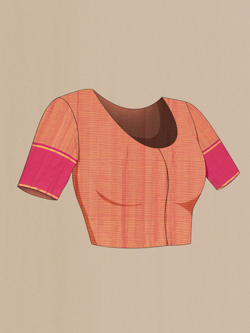 Close up image of the blouse of Orange Kanchipuram Silk Saree with Stripes on the body and Zari Border