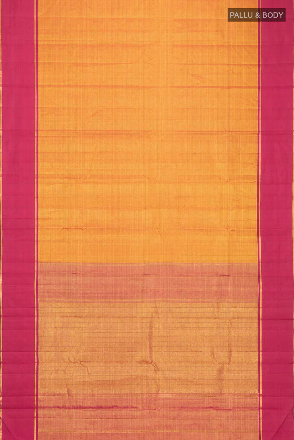 Flat view of Orange Kanchipuram Silk Saree with Stripes on the body and Zari Border