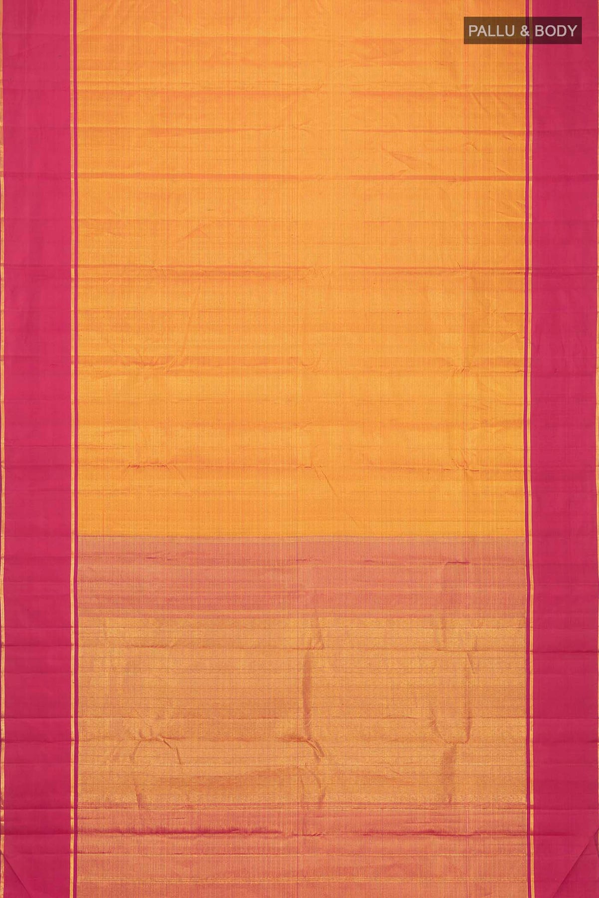 Flat view of Orange Kanchipuram Silk Saree with Stripes on the body and Zari Border