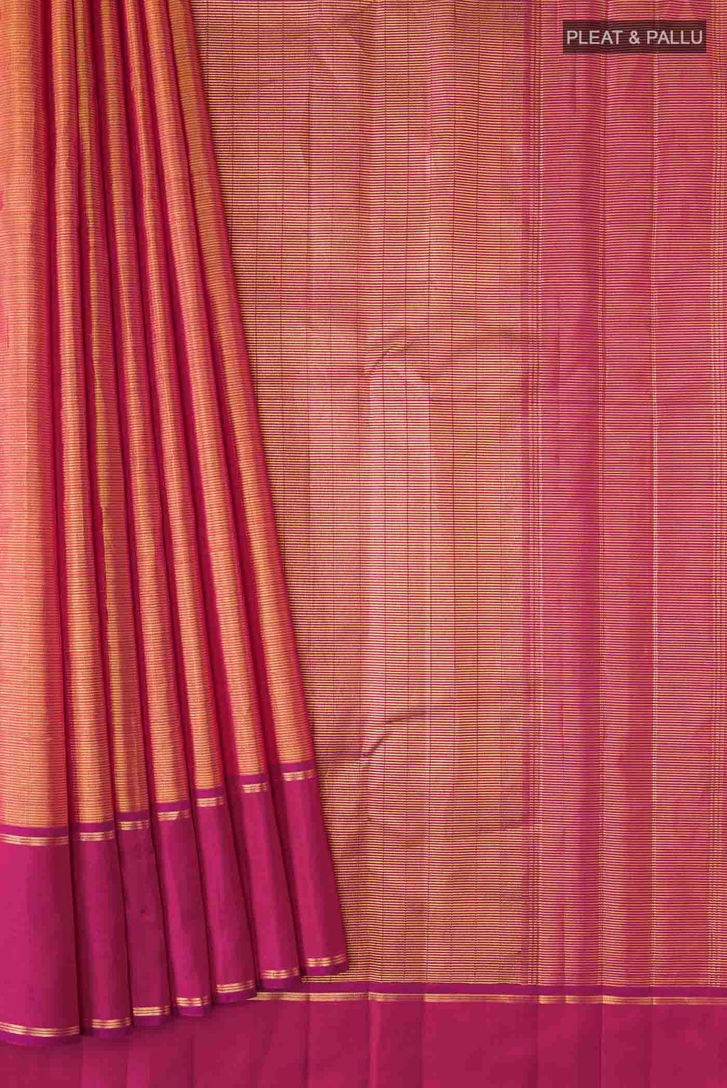 Pleats and pallu of Orange Kanchipuram Silk Saree with Stripes on the body and Zari Border