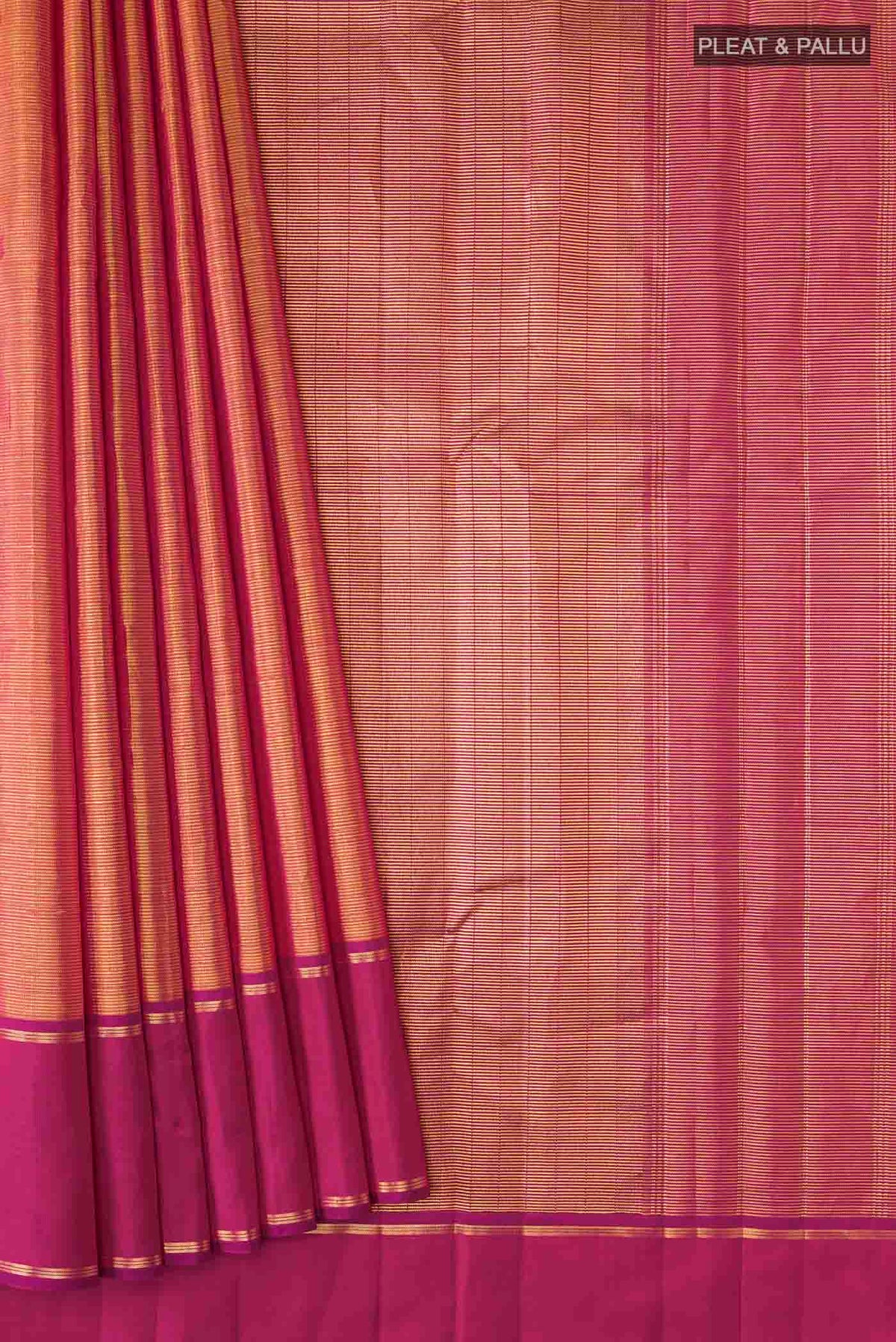 Pleats and pallu of Orange Kanchipuram Silk Saree with Stripes on the body and Zari Border