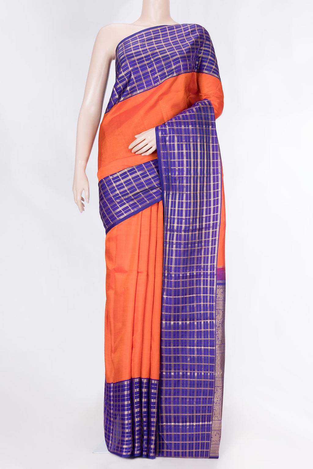 Orange Dual Tone Kanchipuram Saree with Plain Body and Zari Border displayed on a mannequin