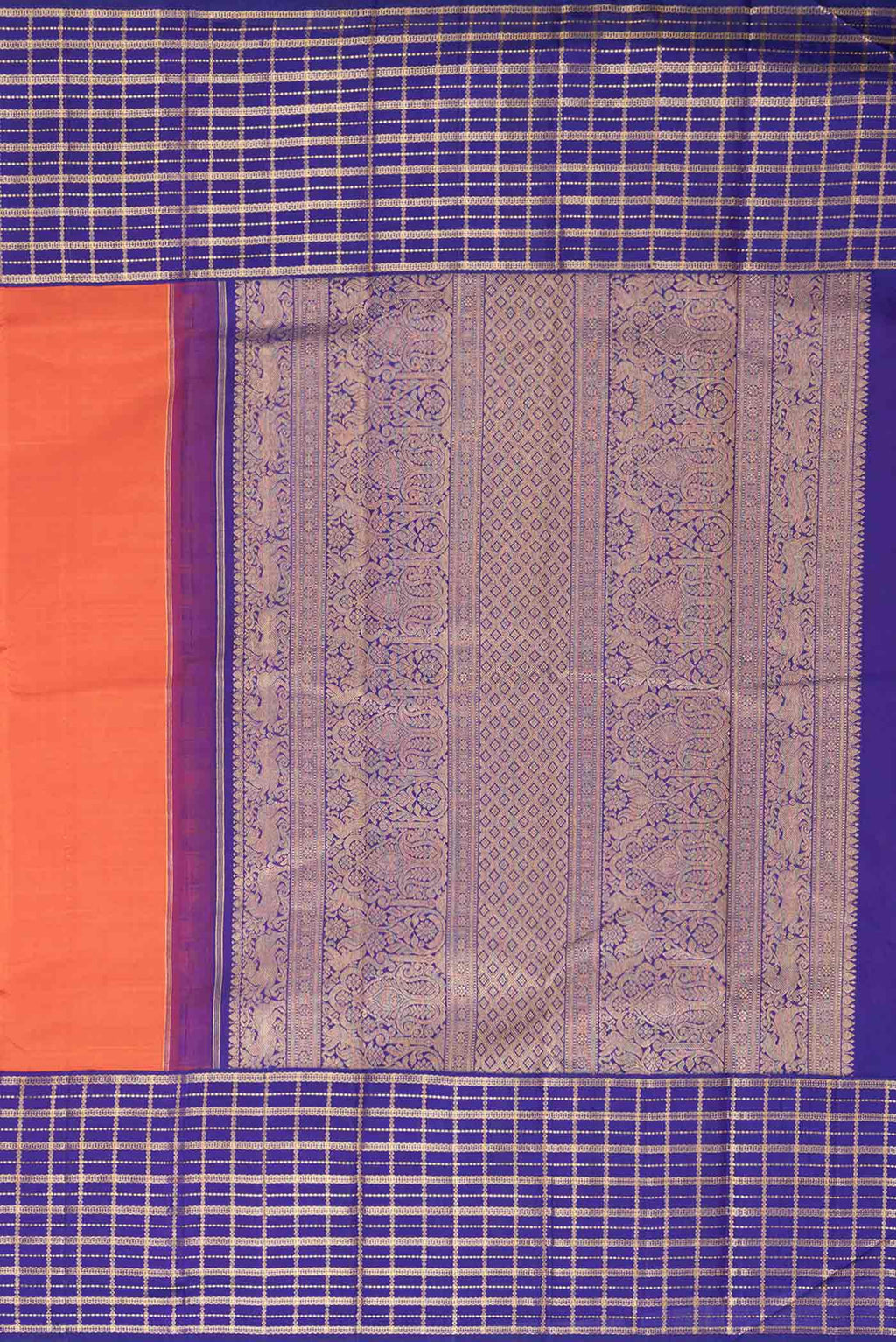Close up image of the pallu of Orange Dual Tone Kanchipuram Saree with Plain Body and Zari Border