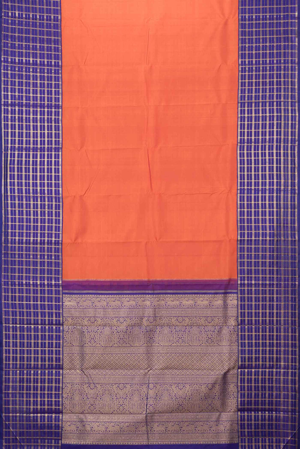 Flat view of Orange Dual Tone Kanchipuram Saree with Plain Body and Zari Border