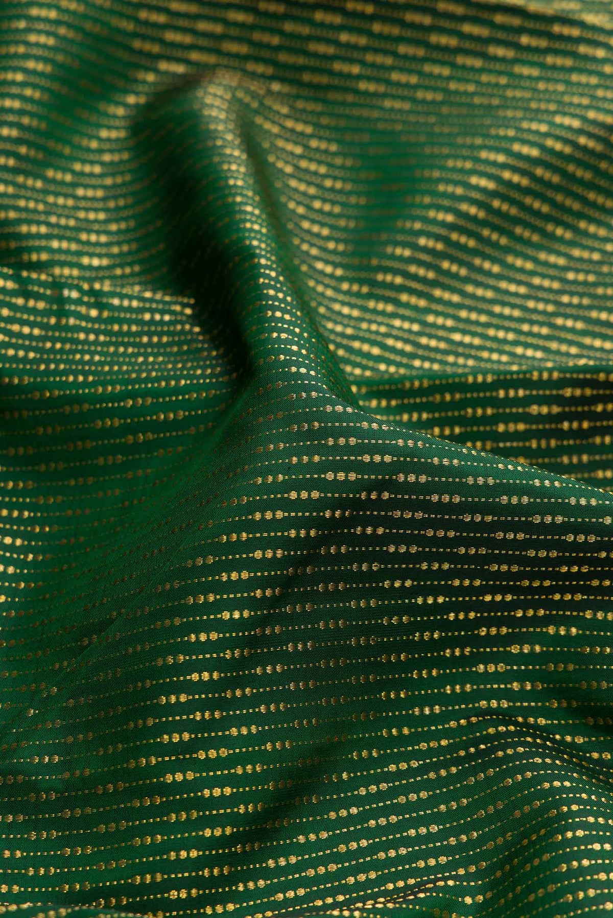 Close up of Green Dual Tone Kanchipuram Silk Saree with Stripes on the body and Fancy Border displaying folds