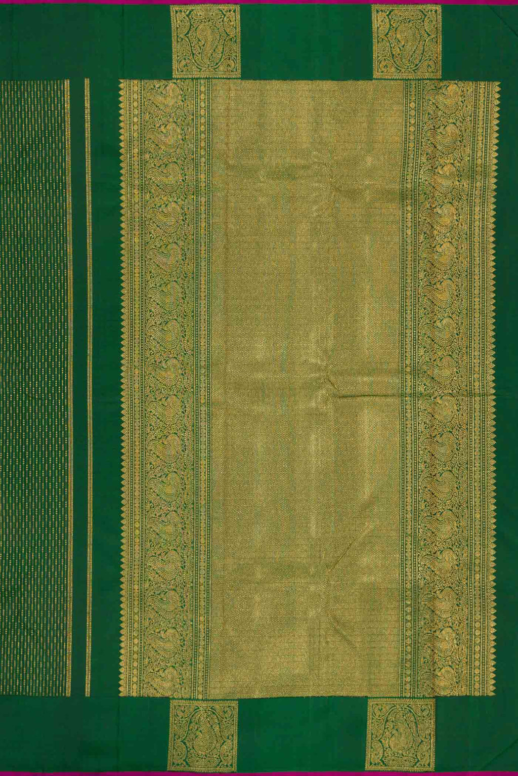 Close up image of the pallu of Green Dual Tone Kanchipuram Silk Saree with Stripes on the body and Fancy Border