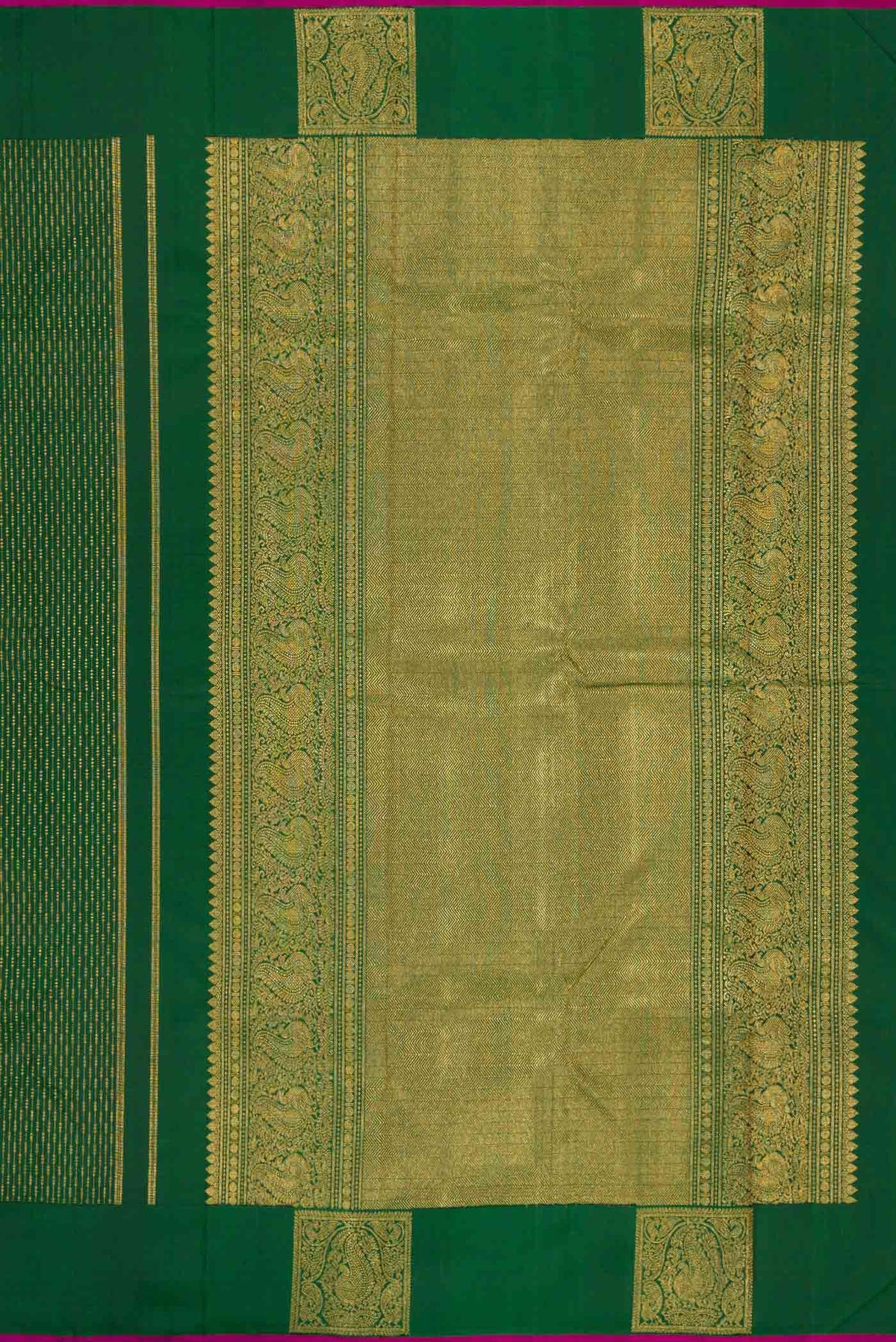 Close up image of the pallu of Green Dual Tone Kanchipuram Silk Saree with Stripes on the body and Fancy Border