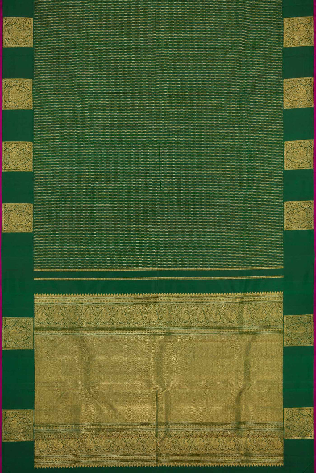 Flat view of Green Dual Tone Kanchipuram Silk Saree with Stripes on the body and Fancy Border