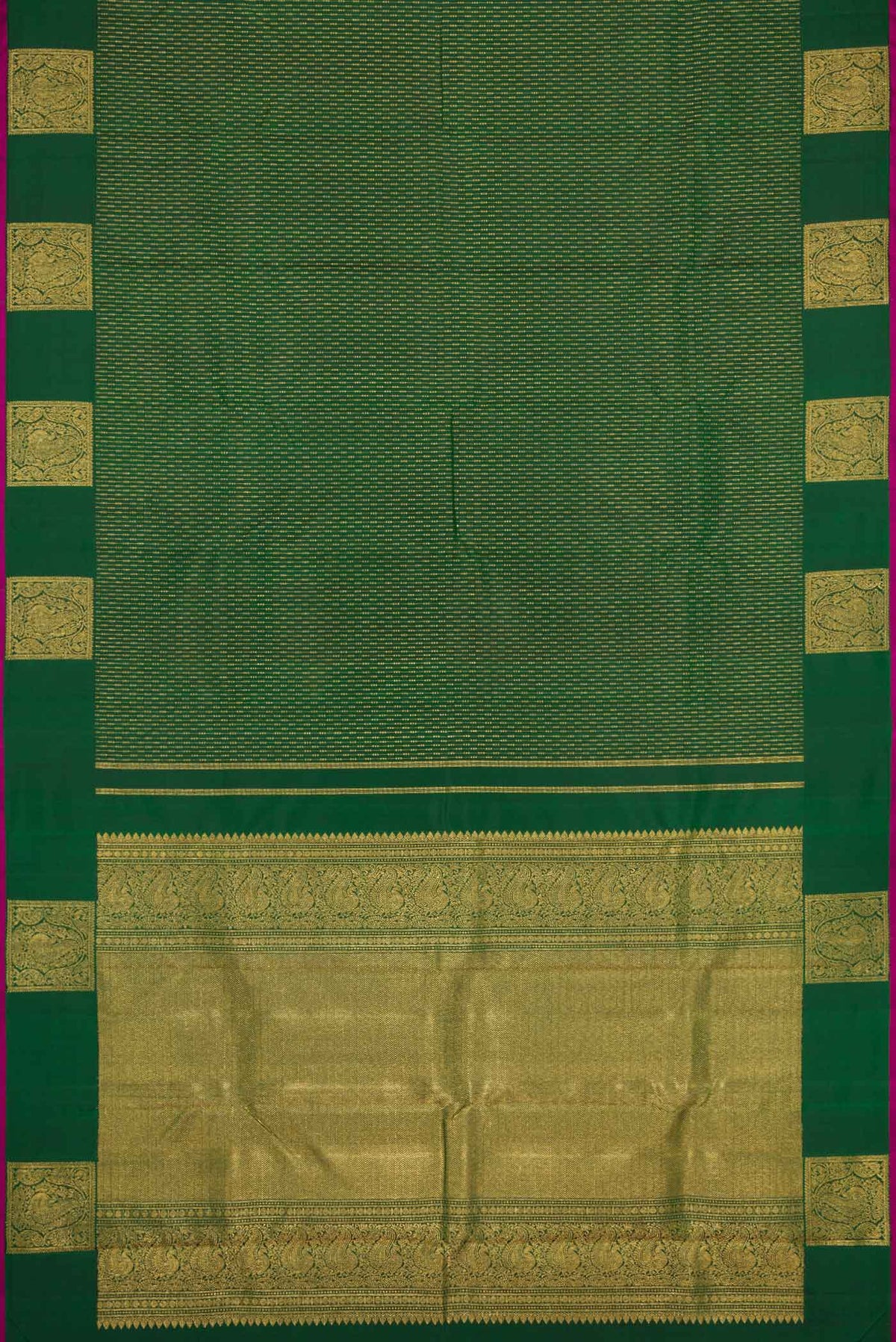 Flat view of Green Dual Tone Kanchipuram Silk Saree with Stripes on the body and Fancy Border