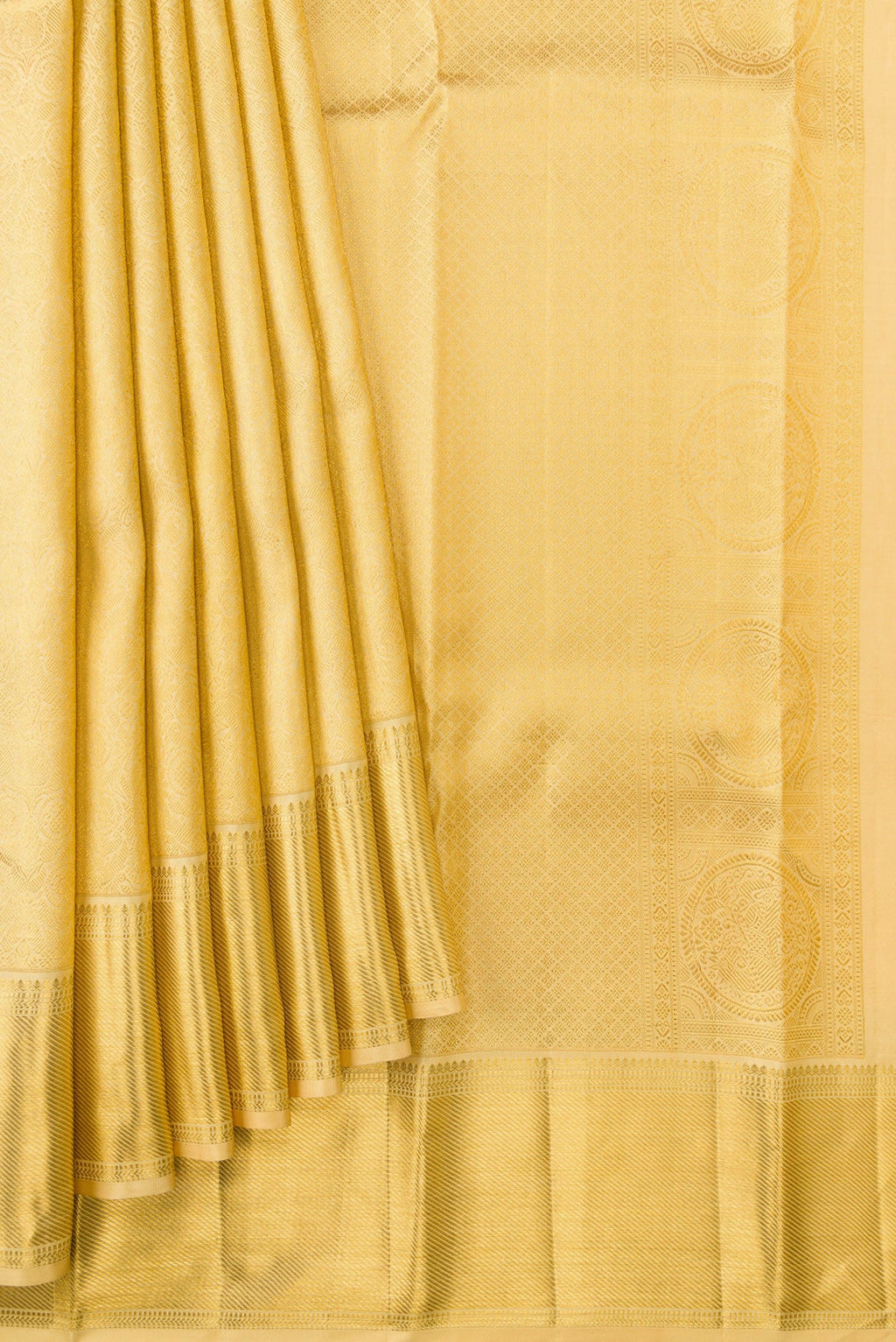 Pleats and pallu of Sandal Dual Tone Kanjivaram Silk Saree with Zari Brocade on the body and Zari Border. 