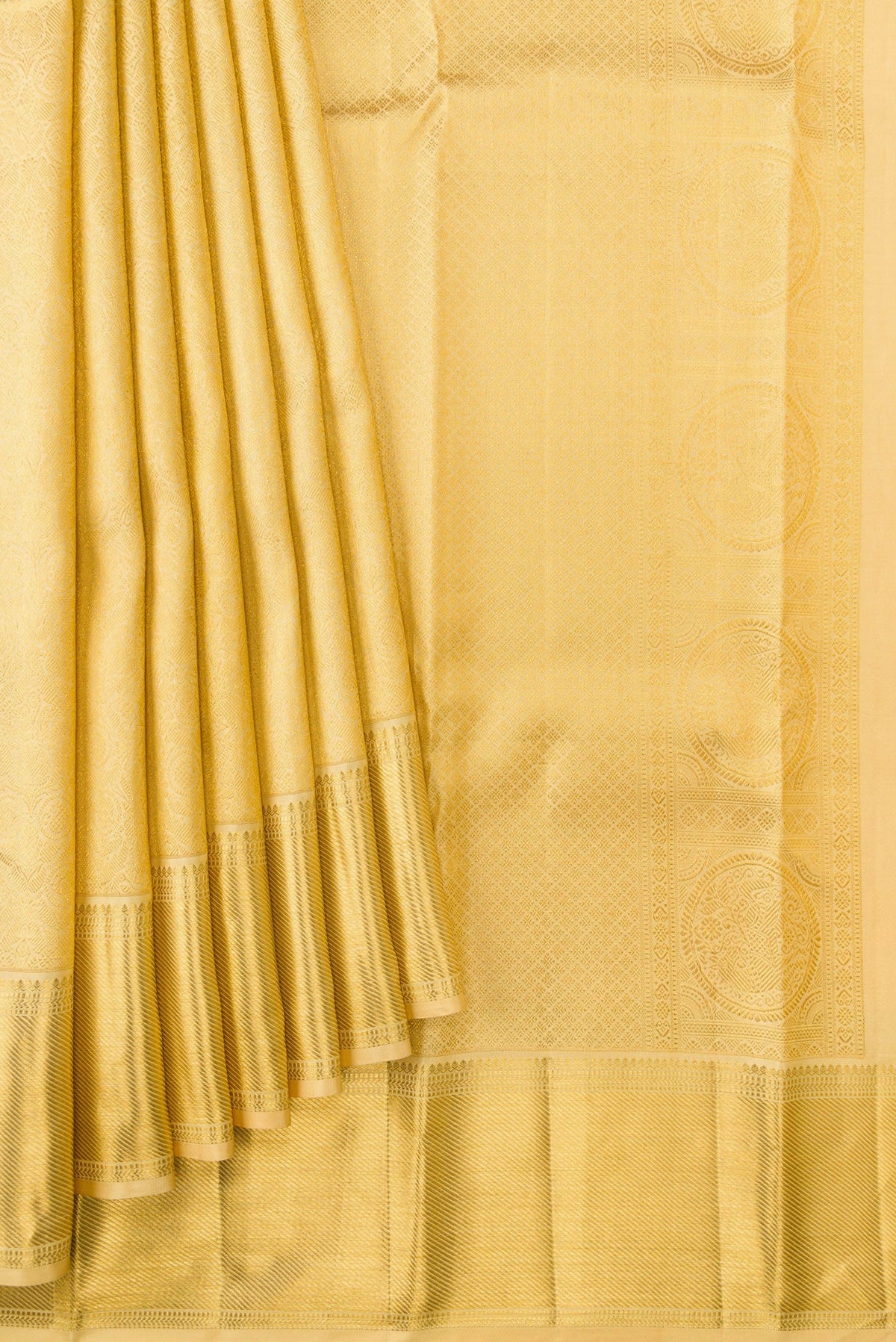 Pleats and pallu of Sandal Dual Tone Kanjivaram Silk Saree with Zari Brocade on the body and Zari Border. 