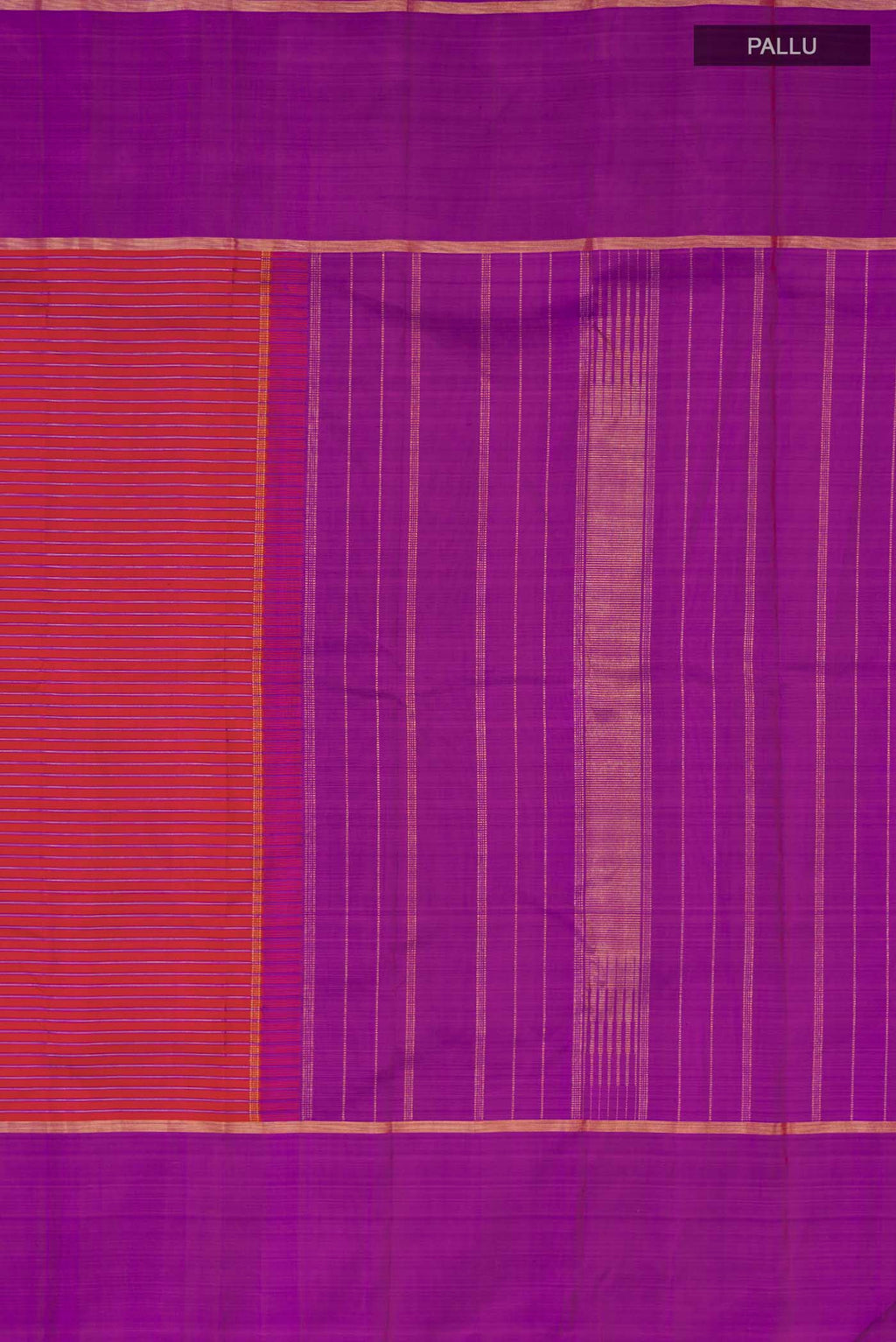 Close up image of the pallu of Maroon Kanchipuram Silk Saree with Stripes on the body and Zari Border