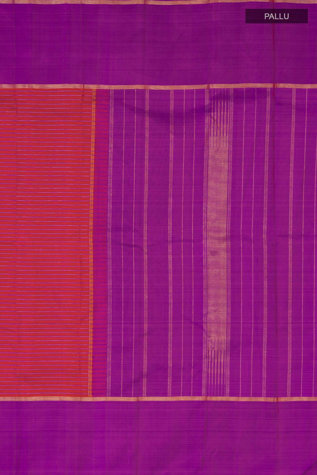 Close up image of the pallu of Maroon Kanchipuram Silk Saree with Stripes on the body and Zari Border