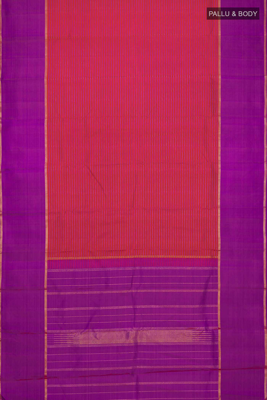 Flat view of Maroon Kanchipuram Silk Saree with Stripes on the body and Zari Border