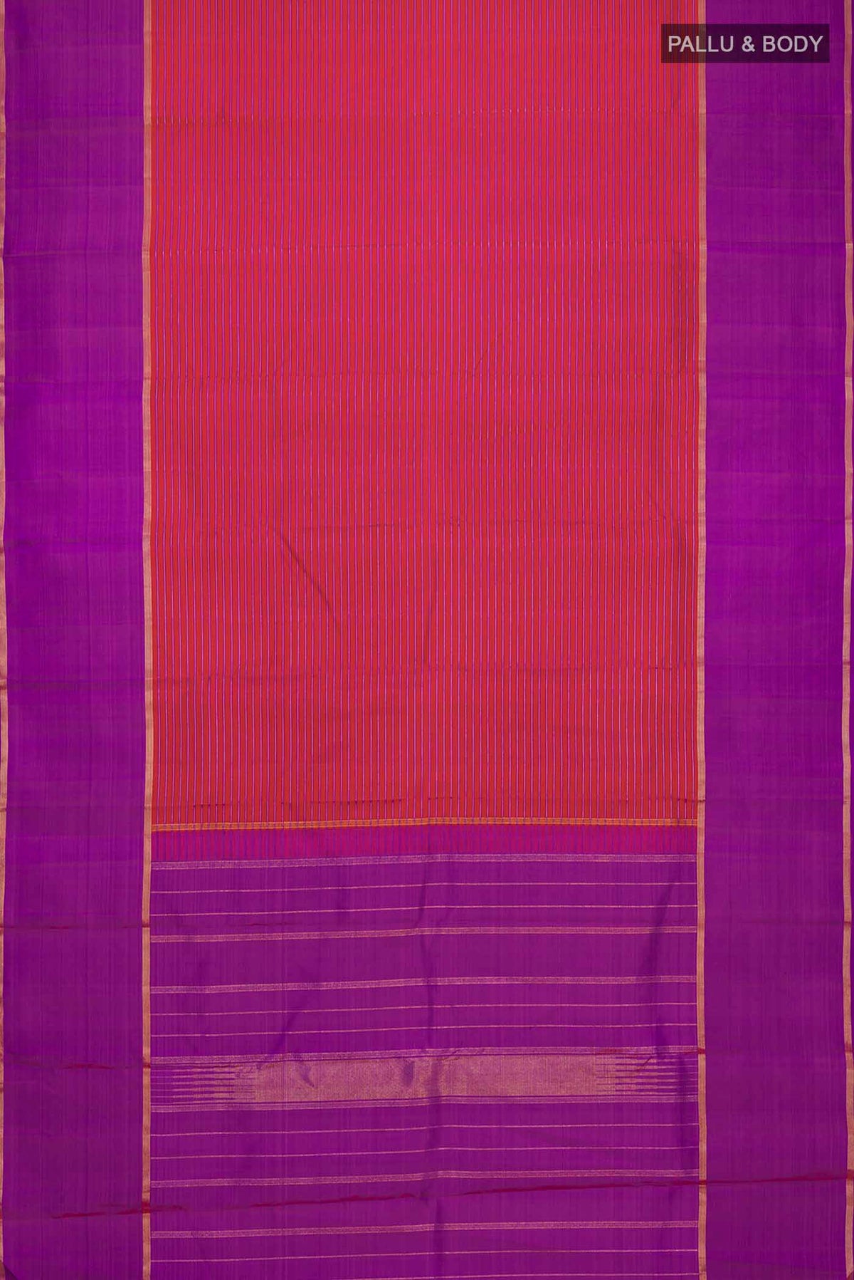 Flat view of Maroon Kanchipuram Silk Saree with Stripes on the body and Zari Border