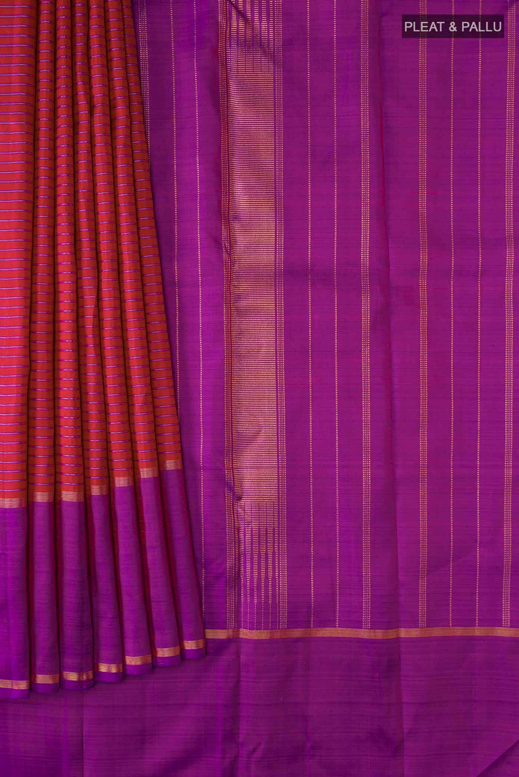 Pleats and pallu of Maroon Kanchipuram Silk Saree with Stripes on the body and Zari Border
